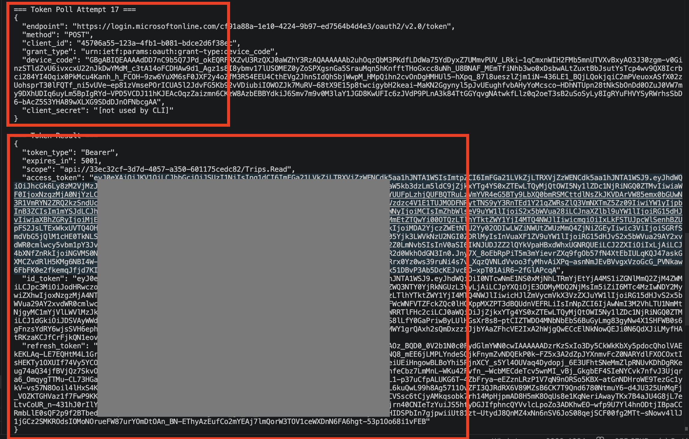 Terminal oder sicheres Log mit Token Polling, grant_type device_code und erfolgreichem Token Result