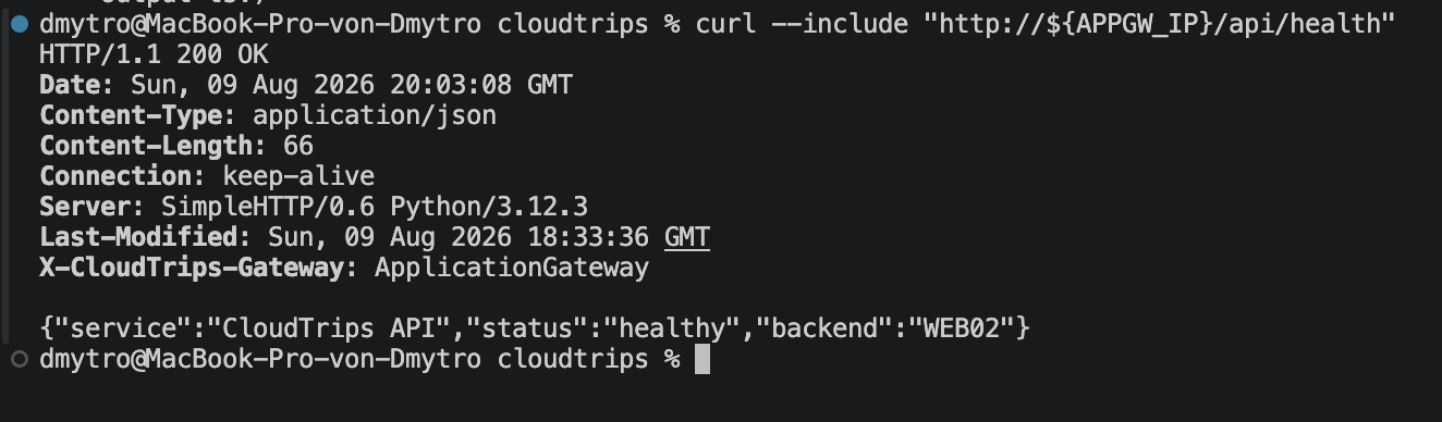Lokales Terminal mit einer normalen CloudTrips-API-Anfrage, die das WAF-aktivierte Application Gateway erfolgreich passiert