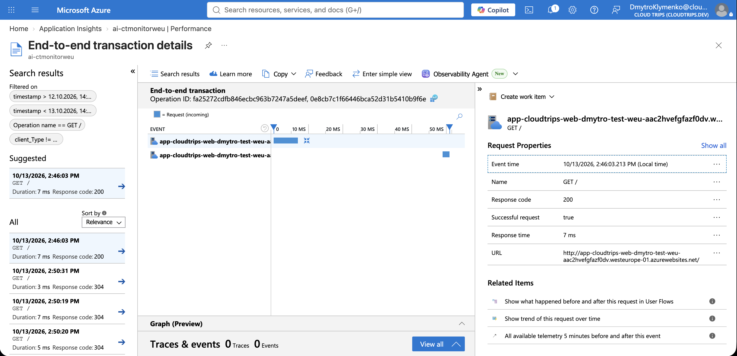 A request’s end-to-end details showing its duration and successful result.