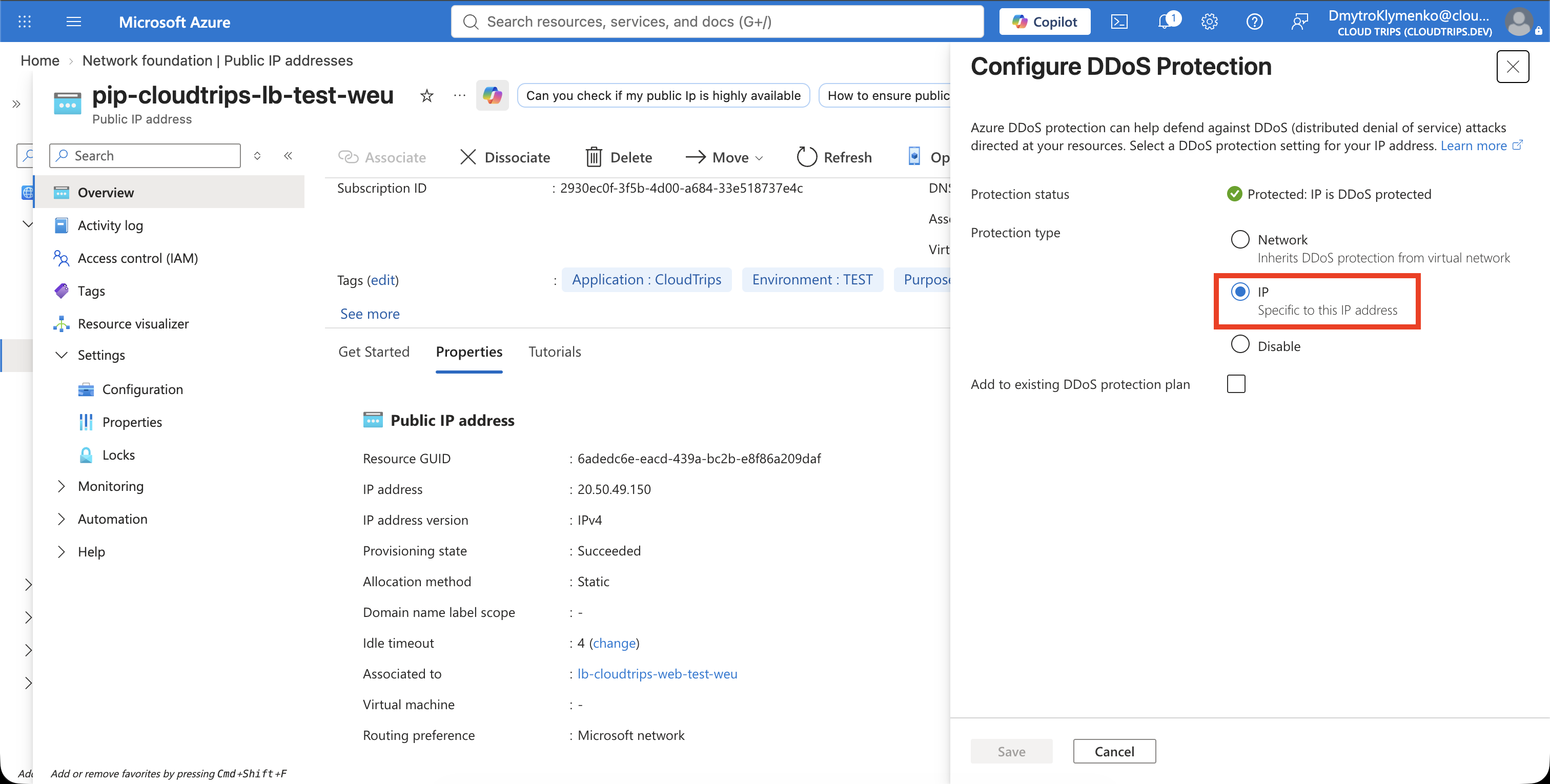 CloudTrips Load Balancer public IP configured with Azure DDoS IP Protection