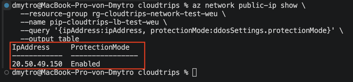 Protected status shown for the CloudTrips Load Balancer public IP