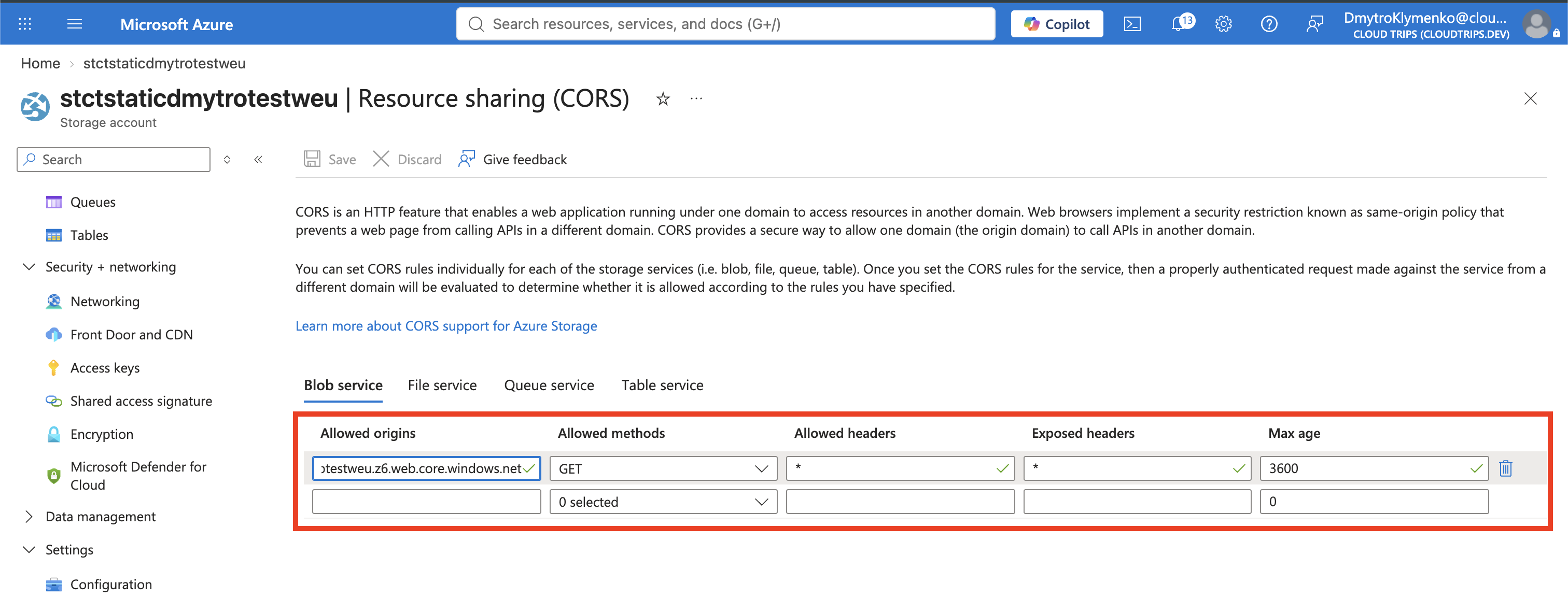 Blob service CORS rule allowing GET, HEAD, and OPTIONS from the exact static website origin