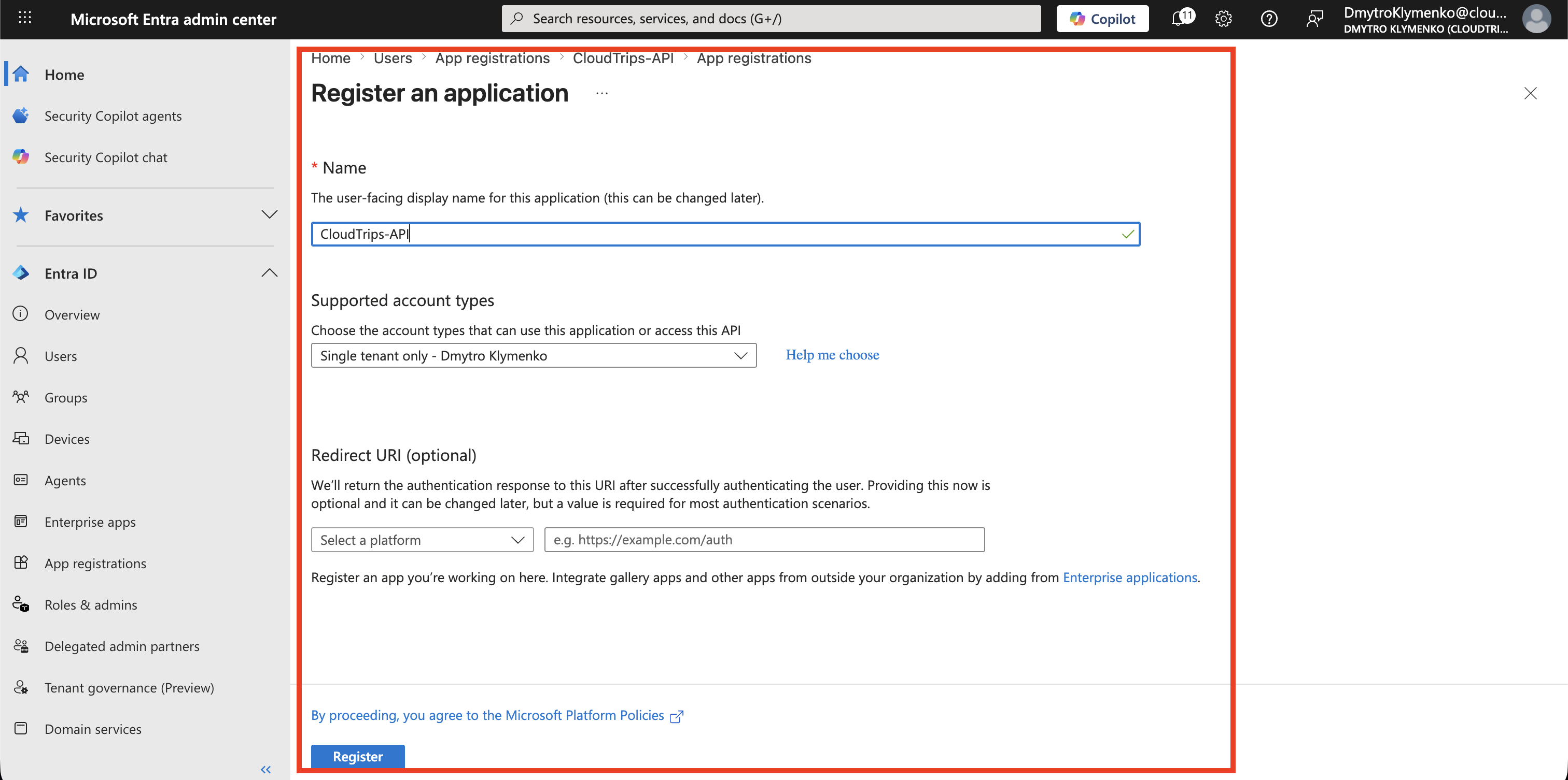 Microsoft Entra App-Registrierung mit CloudTrips API als Anwendungsname