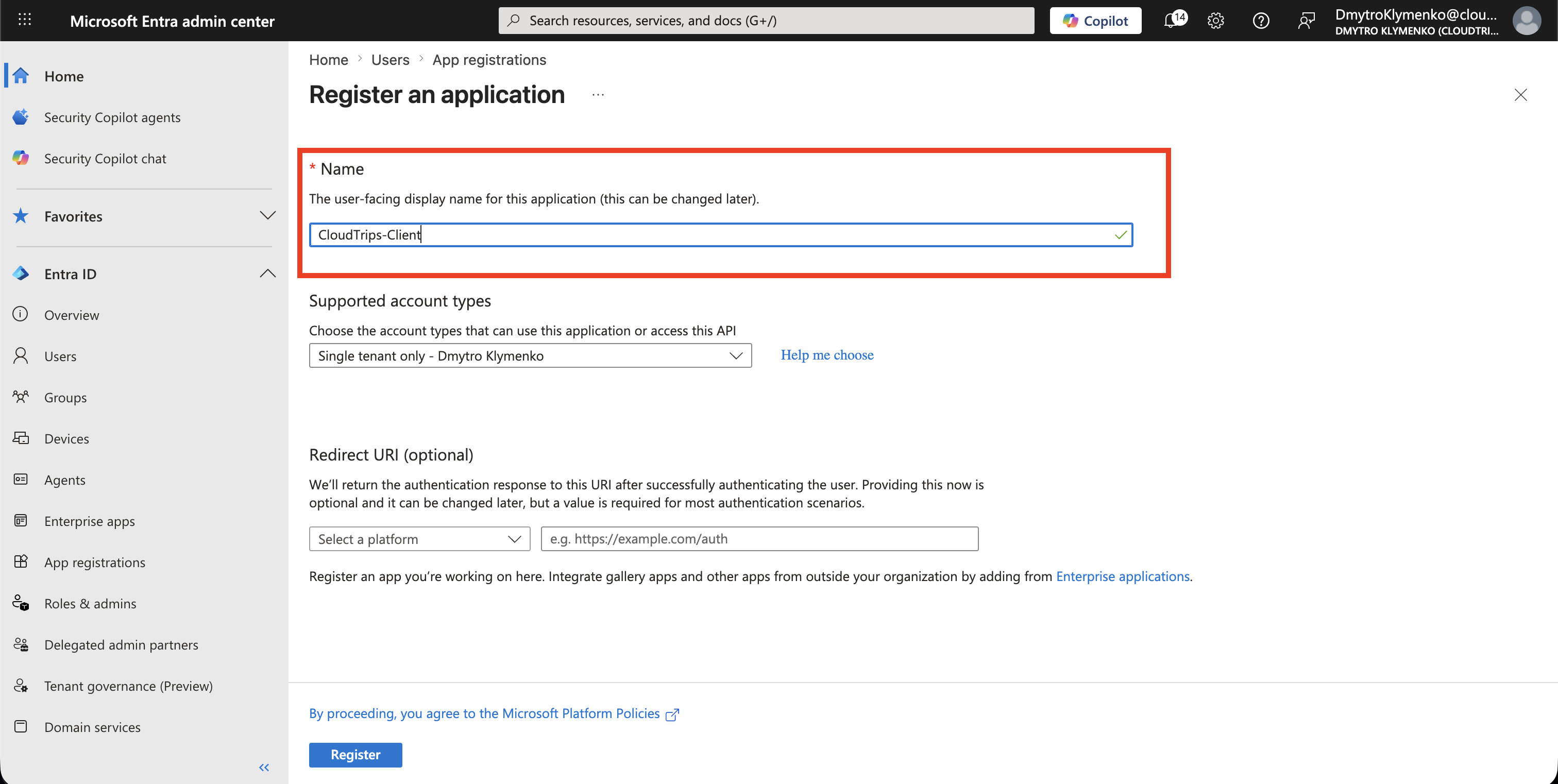 Microsoft Entra App-Registrierung mit CloudTrips Client als Anwendungsname