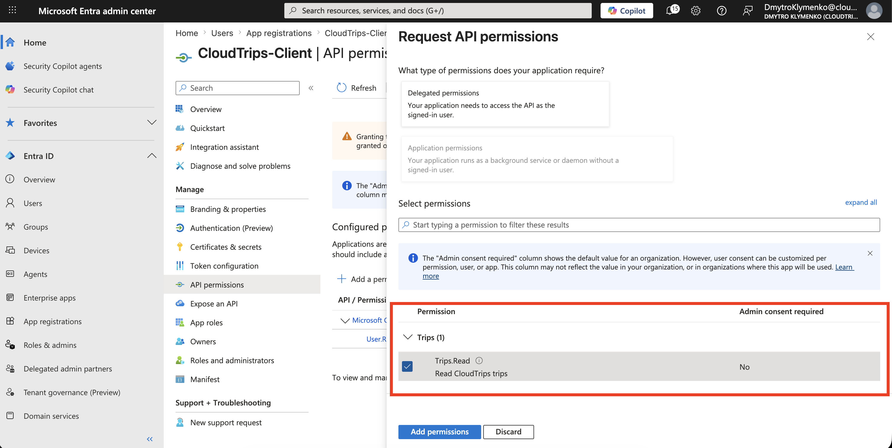 CloudTrips Client API permissions Seite mit ausgewaehlter delegierter Berechtigung Trips.Read
