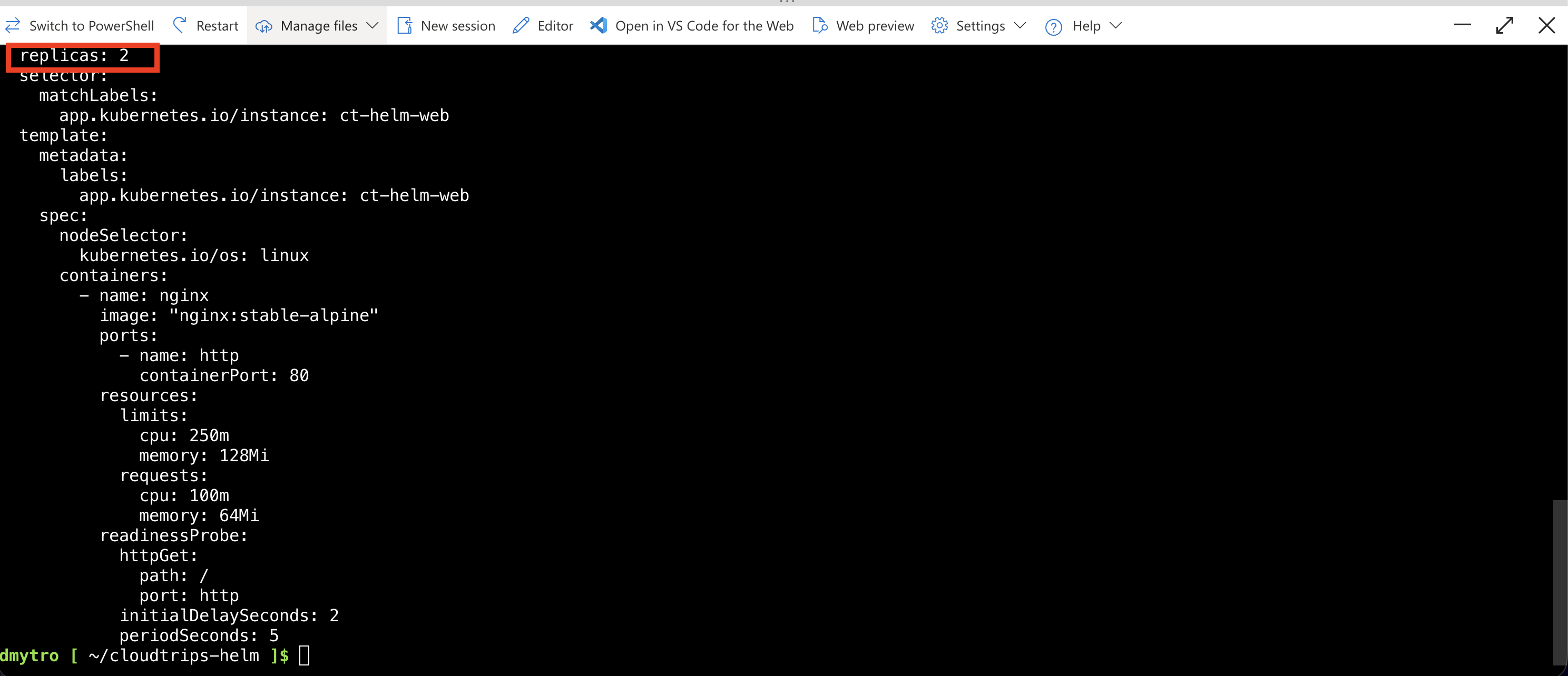 Cloud Shell mit Values-Anpassung und gerendertem Chart mit zwei Replikaten.