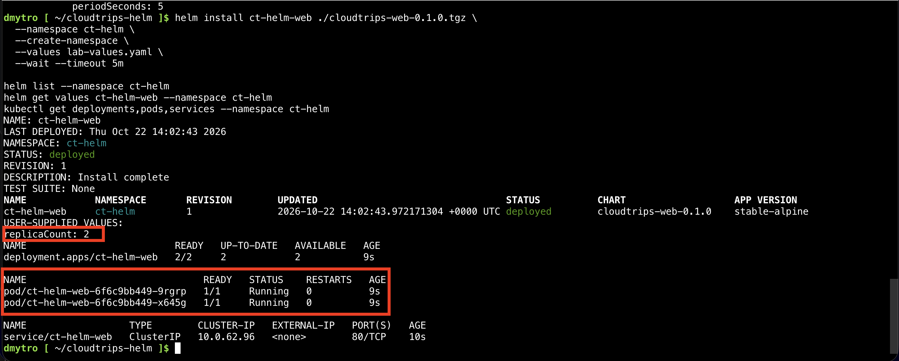 AKS-Portal mit dem durch Helm installierten Deployment ct-helm-web und zwei bereiten Replikaten.