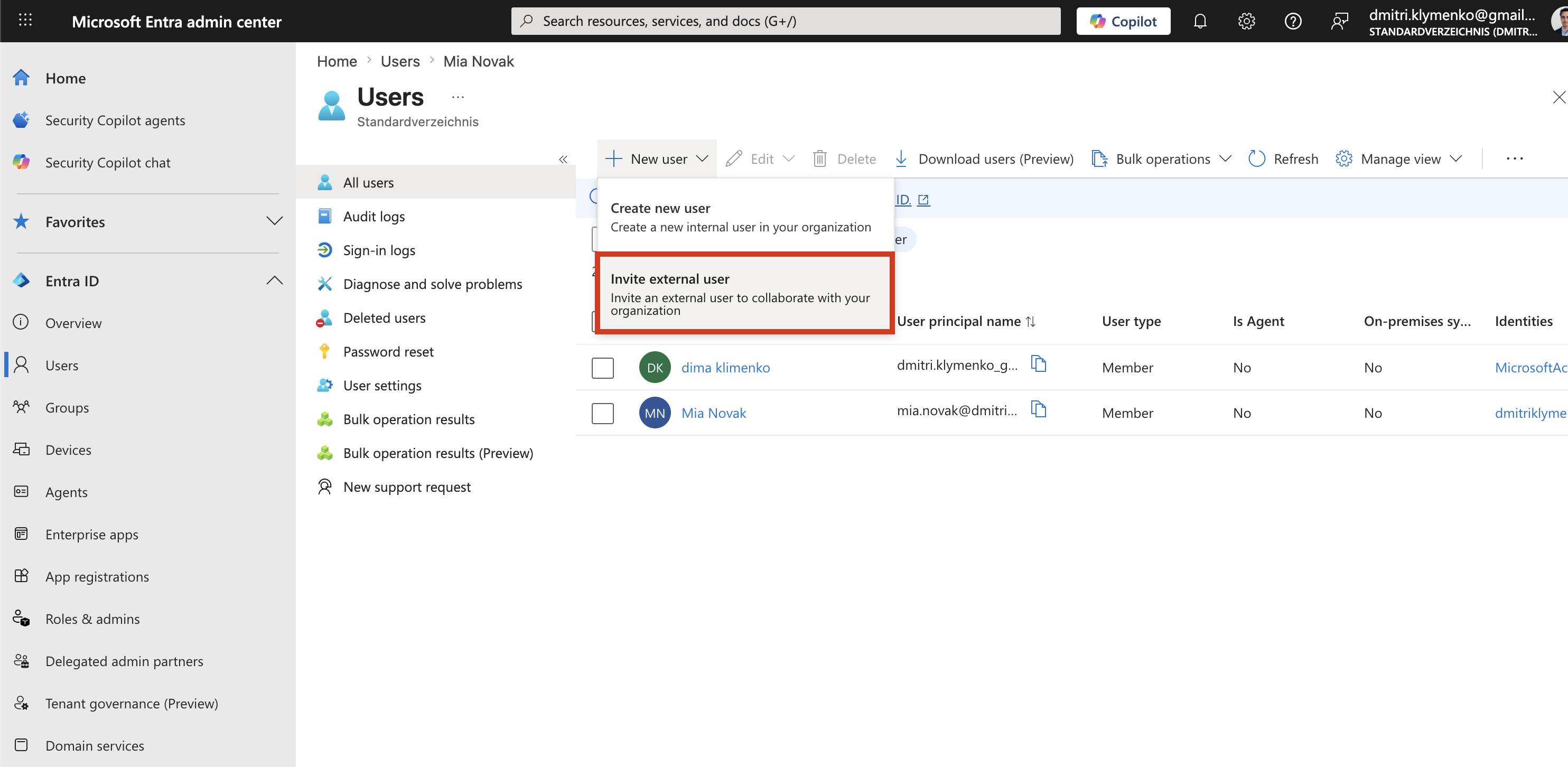 Microsoft Entra Users page with the New user menu open and the Invite external user option visible