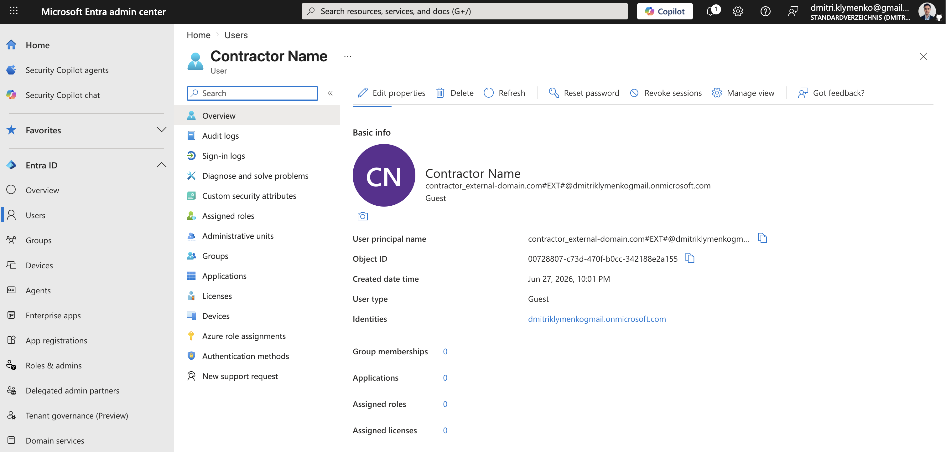 Microsoft Entra user list showing the new guest user with user type Guest