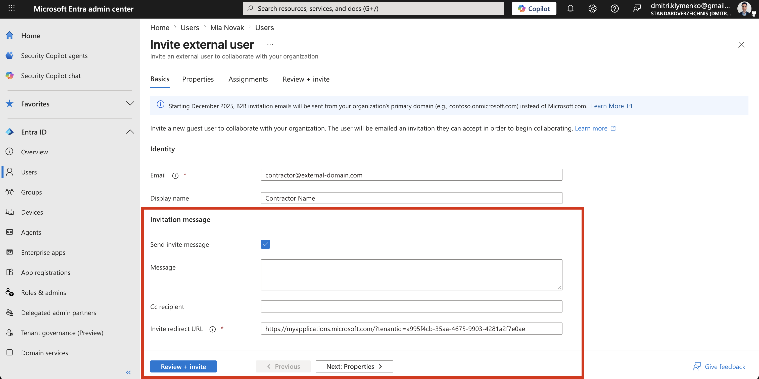 Microsoft Entra invitation options section with redirect URL and message fields
