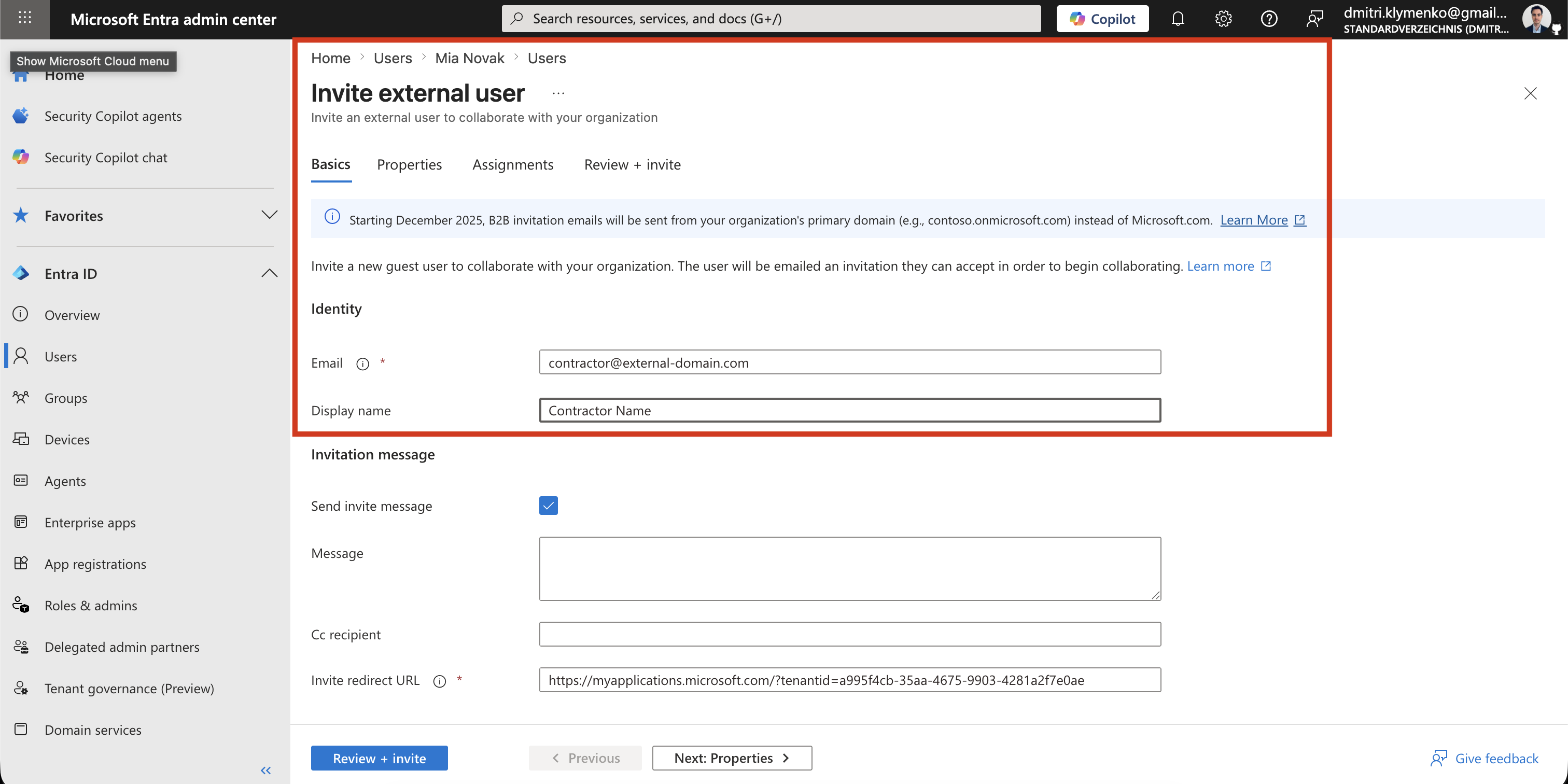 Microsoft Entra invite external user form with email and display name fields filled