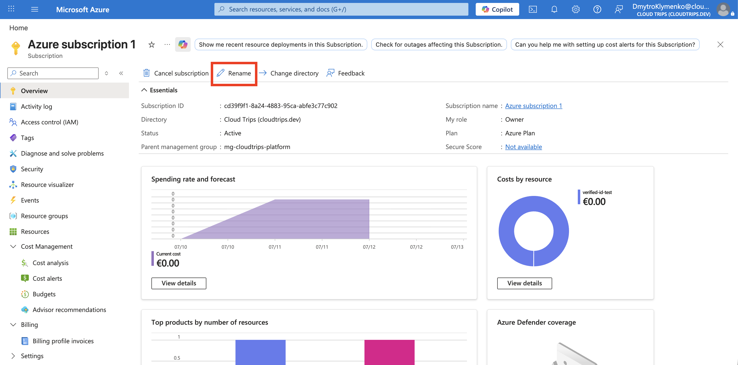 Azure subscription Overview page with the Rename action and subscription name