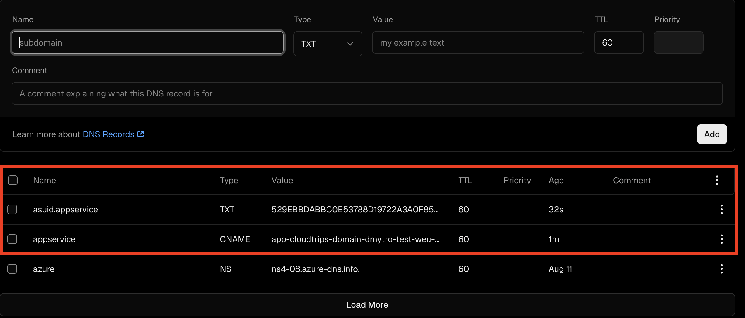 Vercel DNS showing the appservice CNAME and asuid.appservice TXT records
