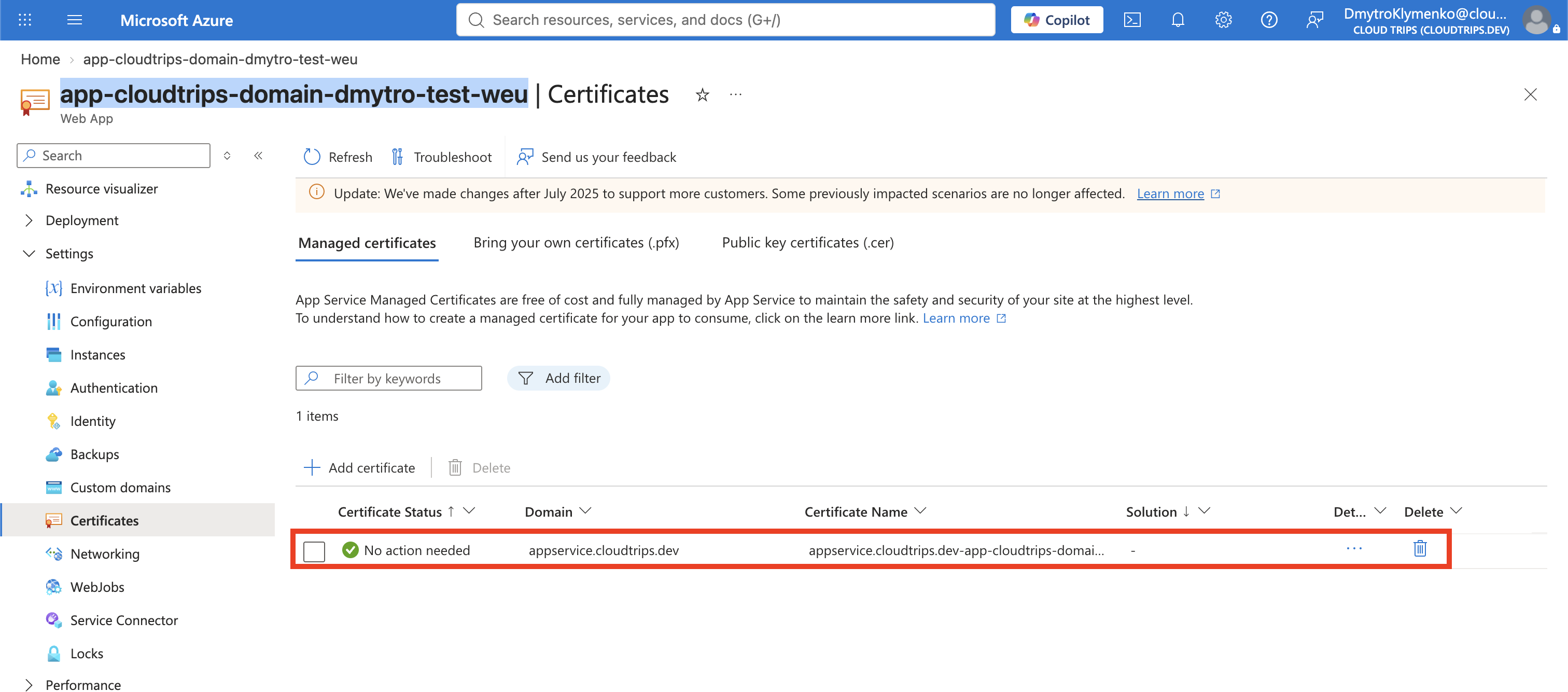 Managed certificates page showing the issued certificate for appservice.cloudtrips.dev