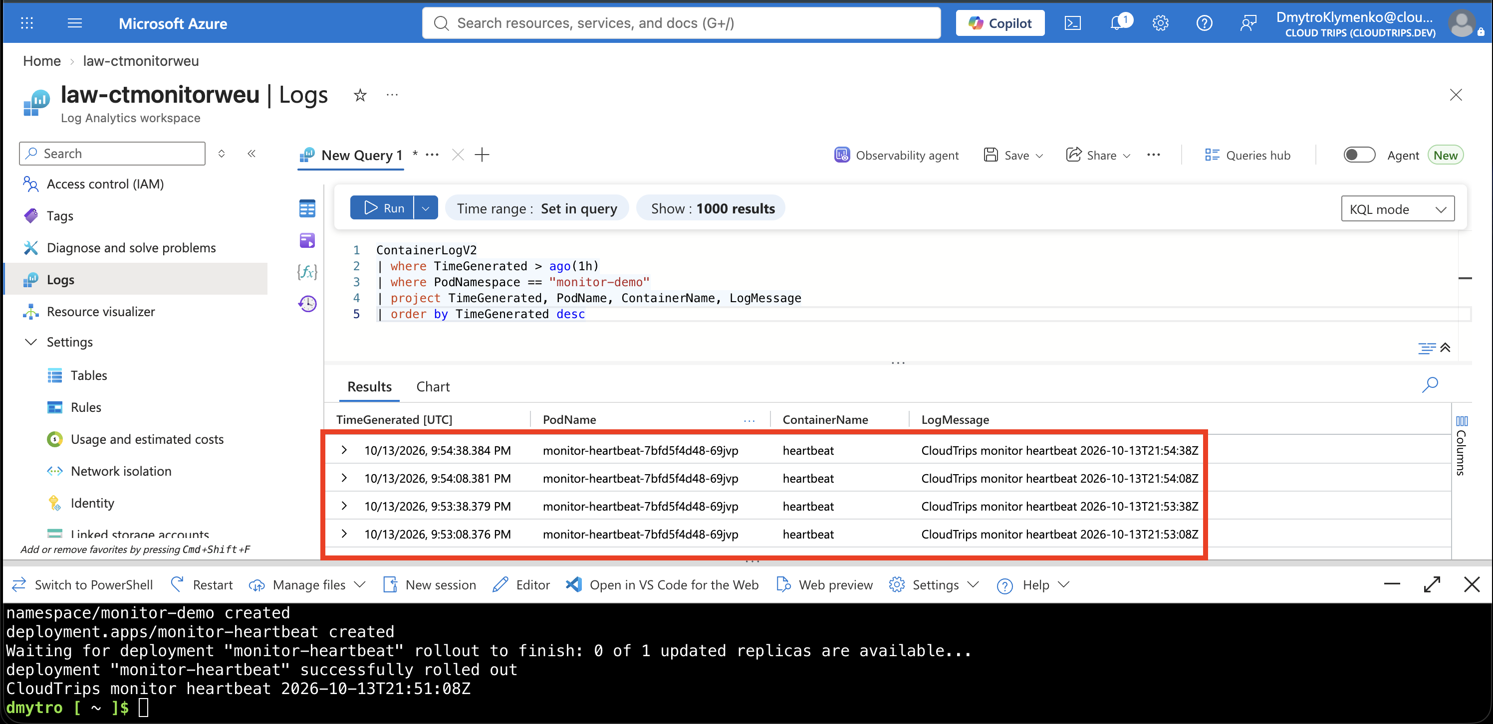 ContainerLogV2 results showing the heartbeat messages and pod name.