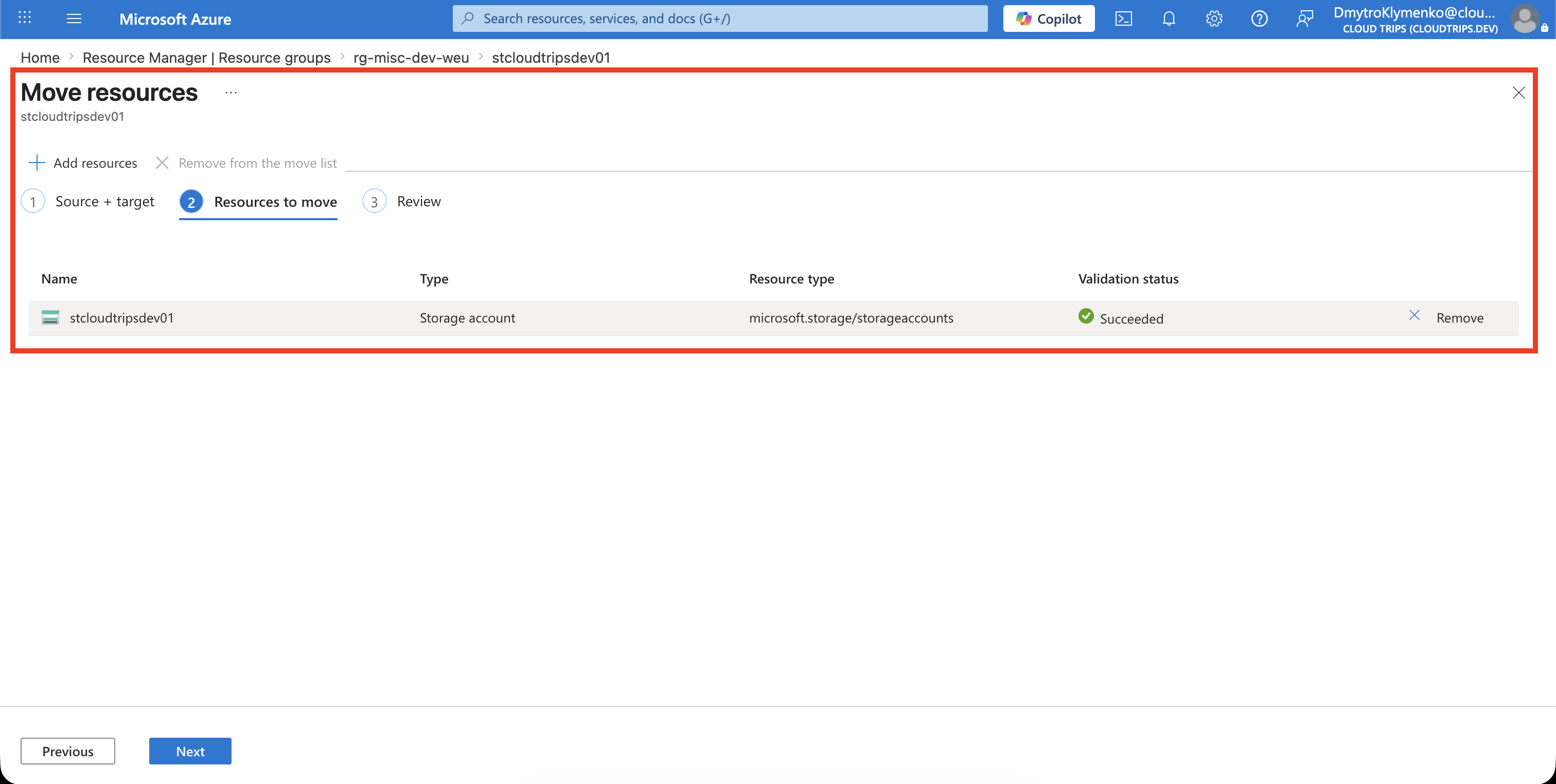 Azure move validation completing successfully for the selected resources