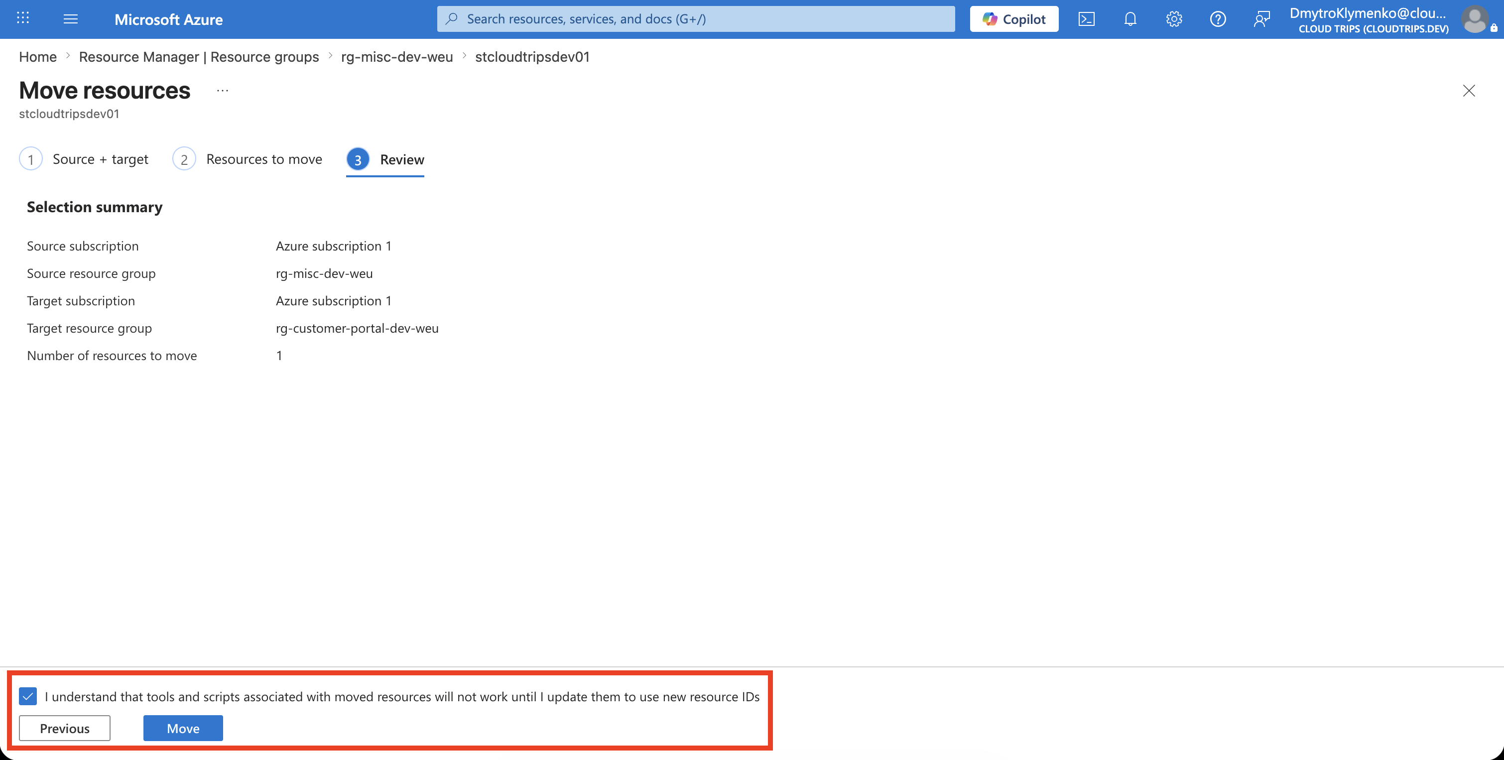 Move resources confirmation page with the resource ID acknowledgement selected