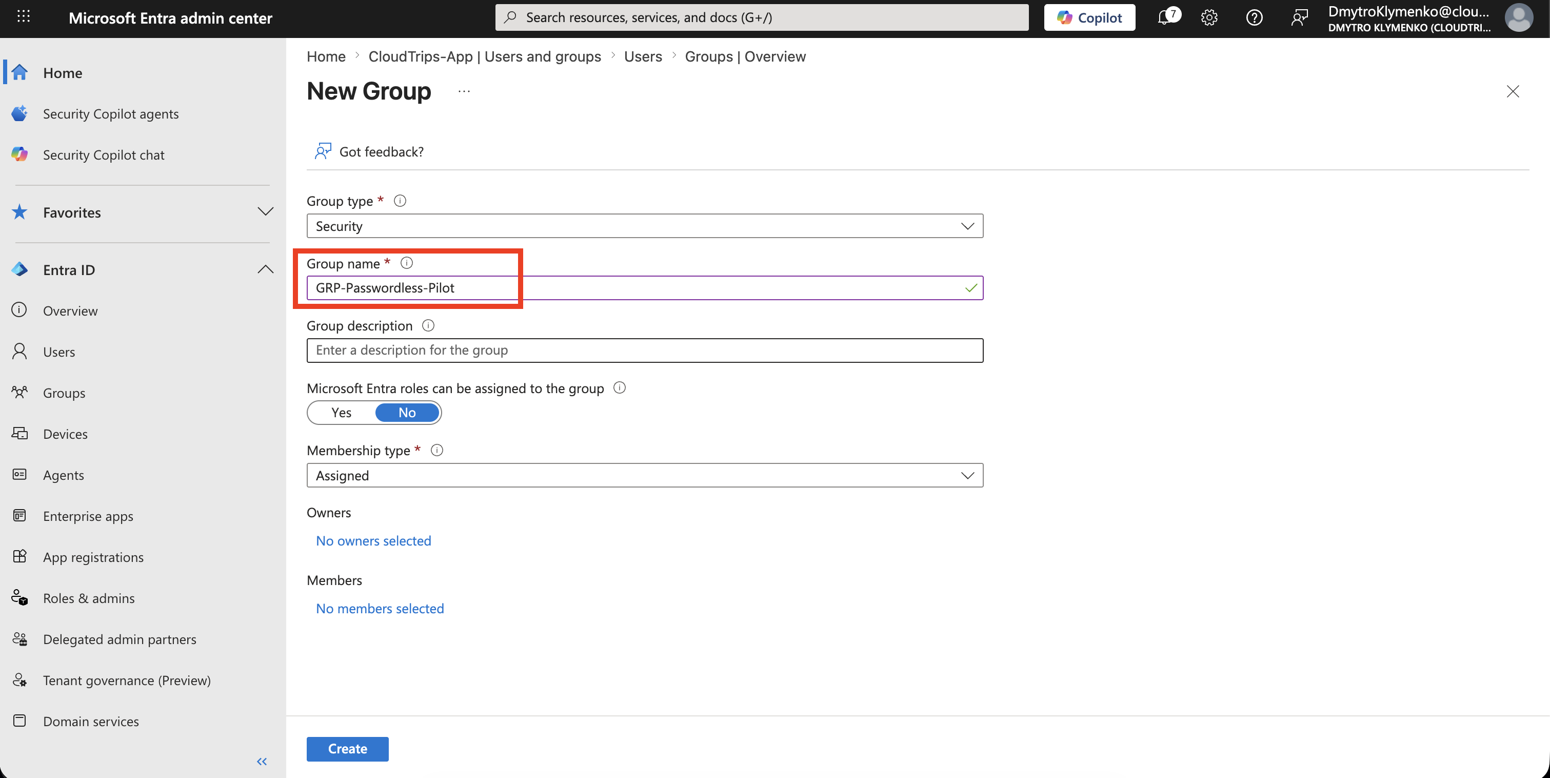 Microsoft Entra new security group form showing GRP-Passwordless-Pilot