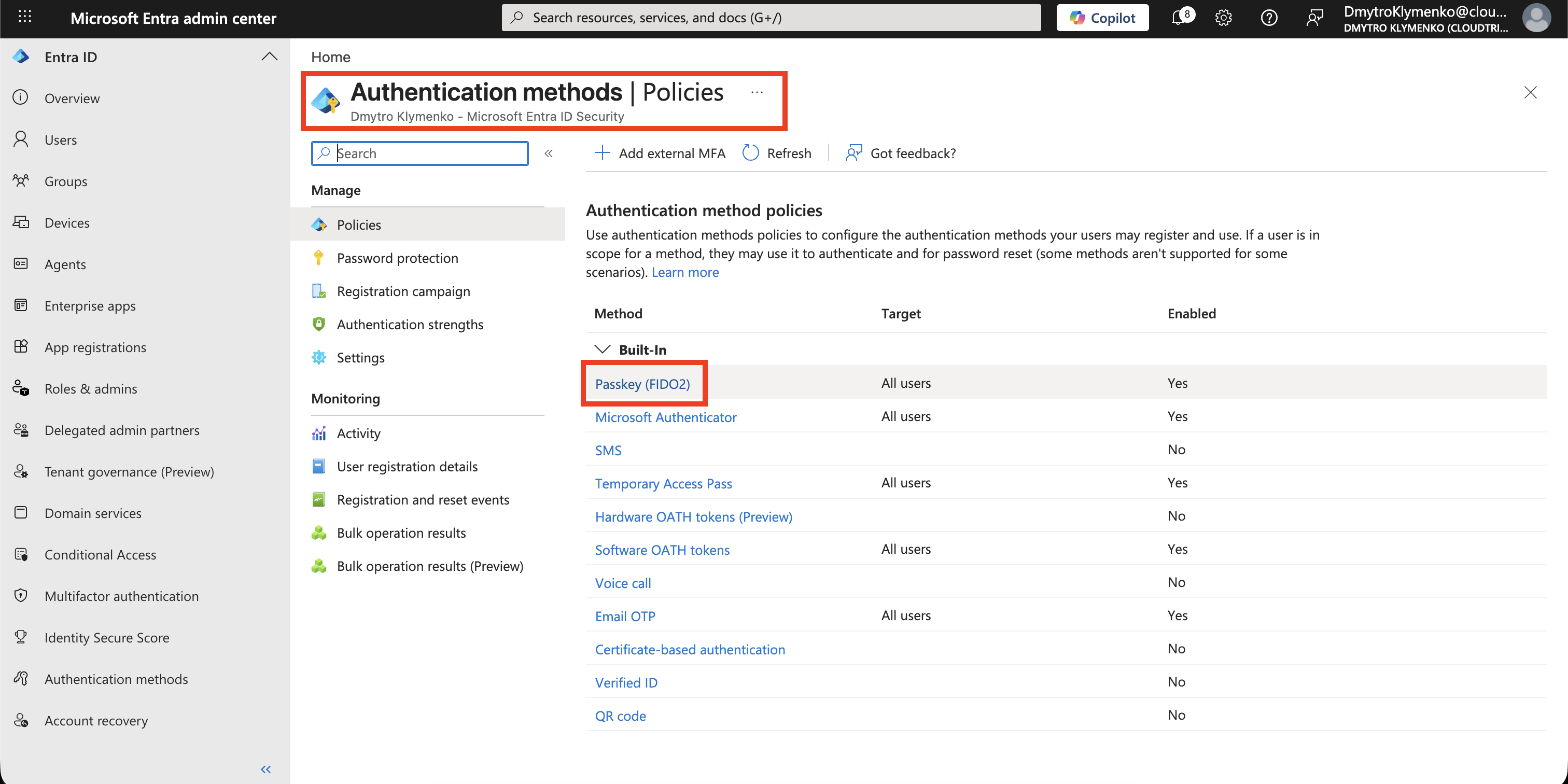 Microsoft Entra Authentication methods Policies page showing Passkey FIDO2