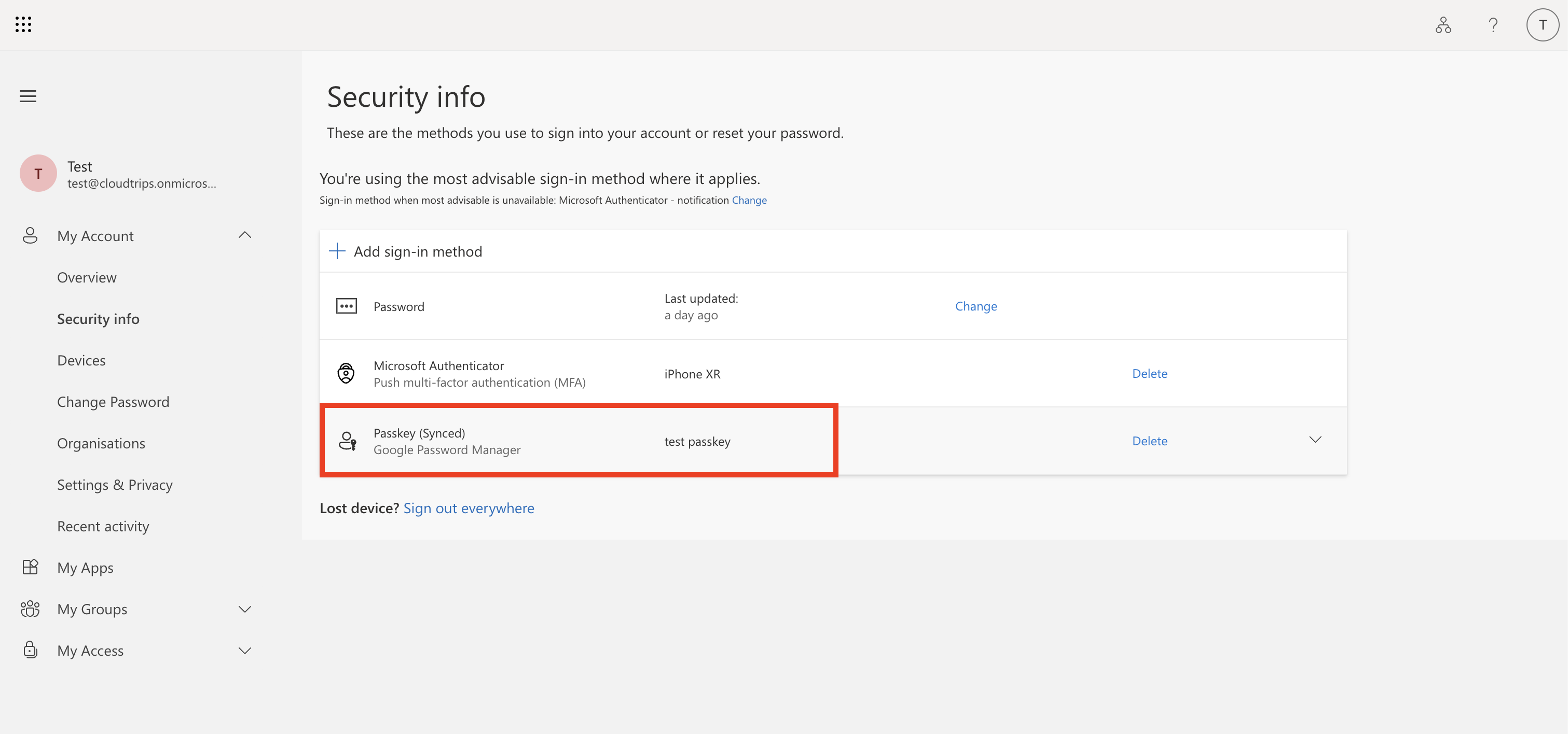 Security info page showing the newly registered passkey authentication method