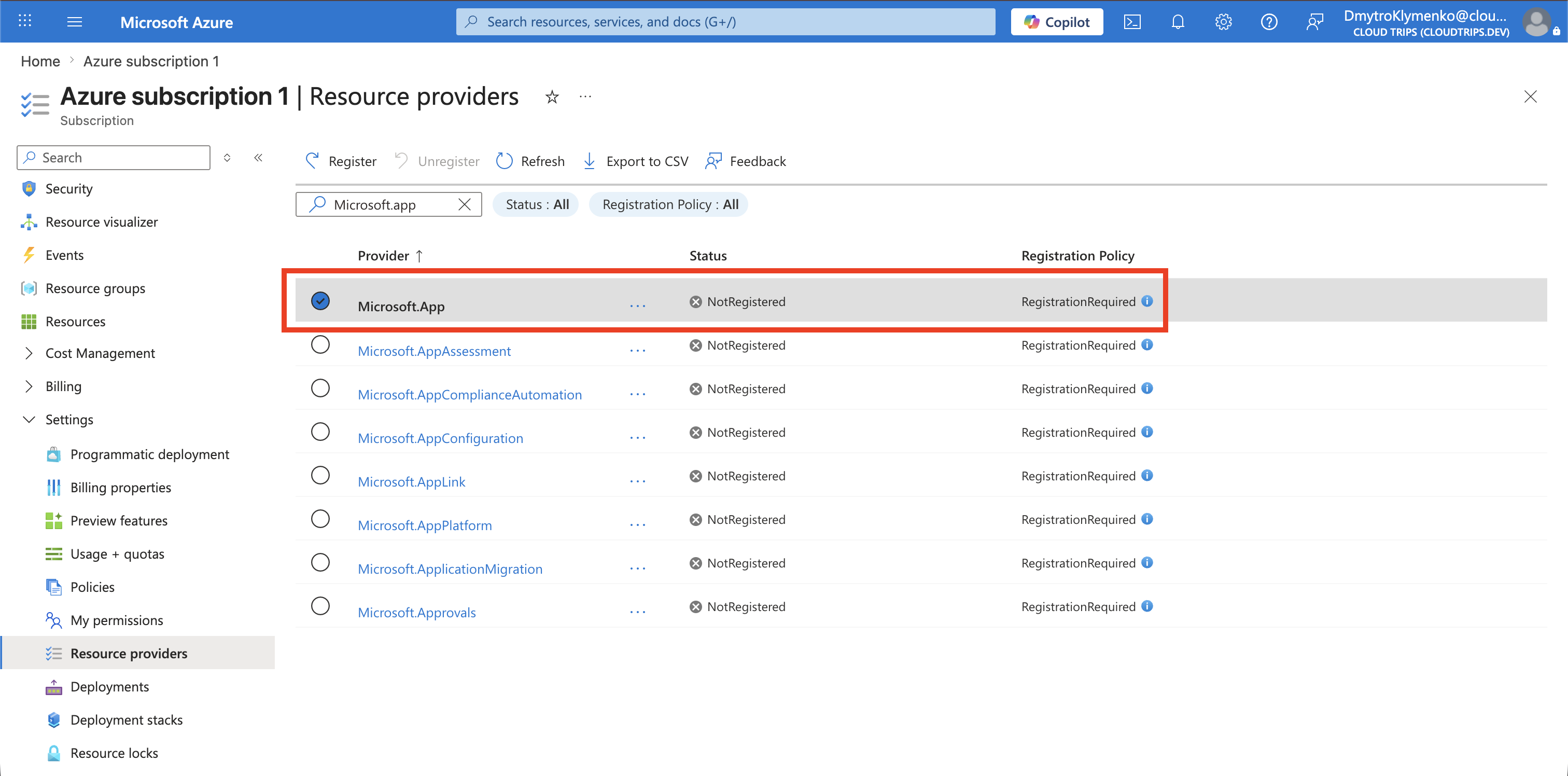 Microsoft.App resource provider showing NotRegistered status
