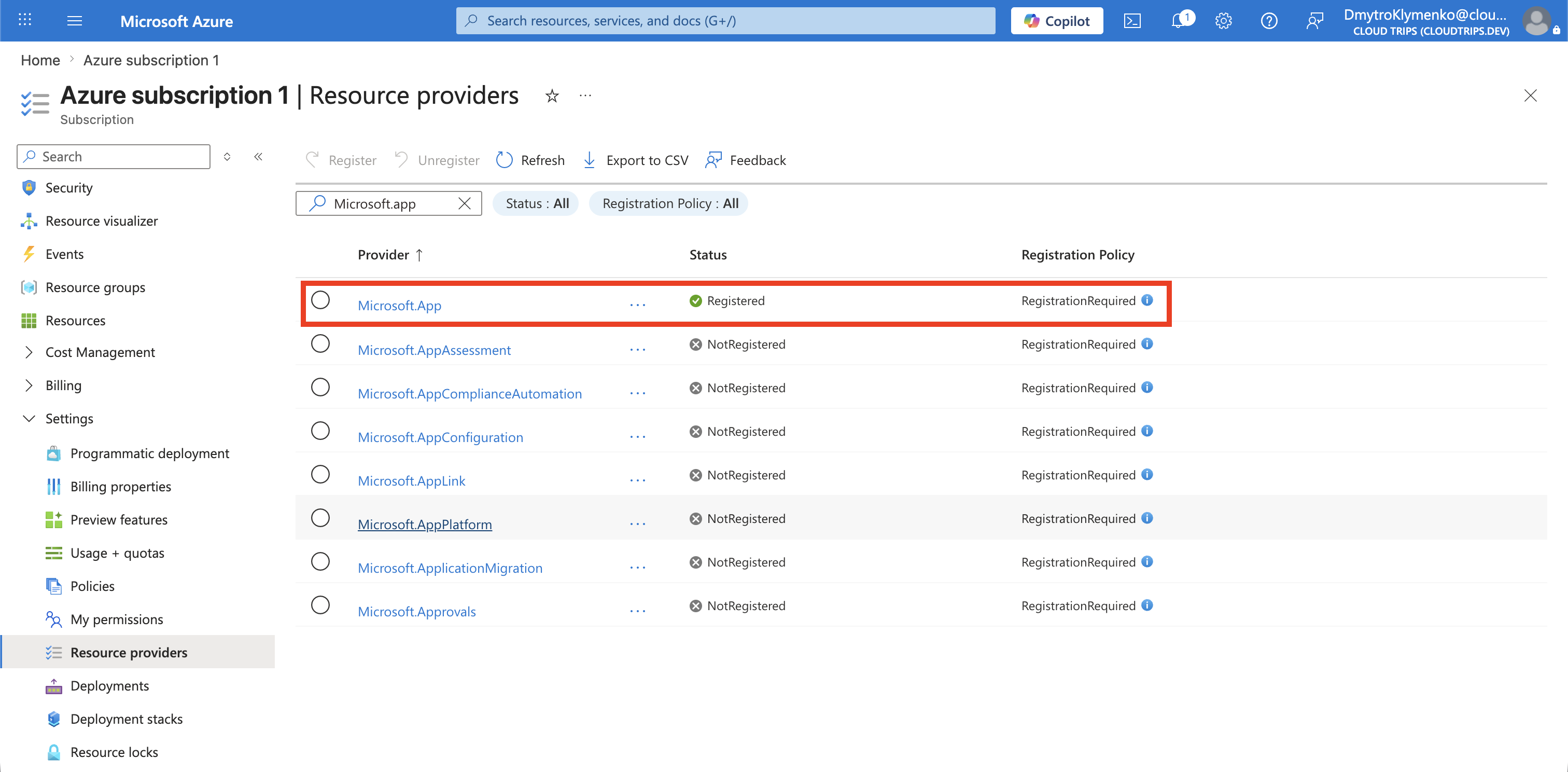 Microsoft.App resource provider showing Registered status