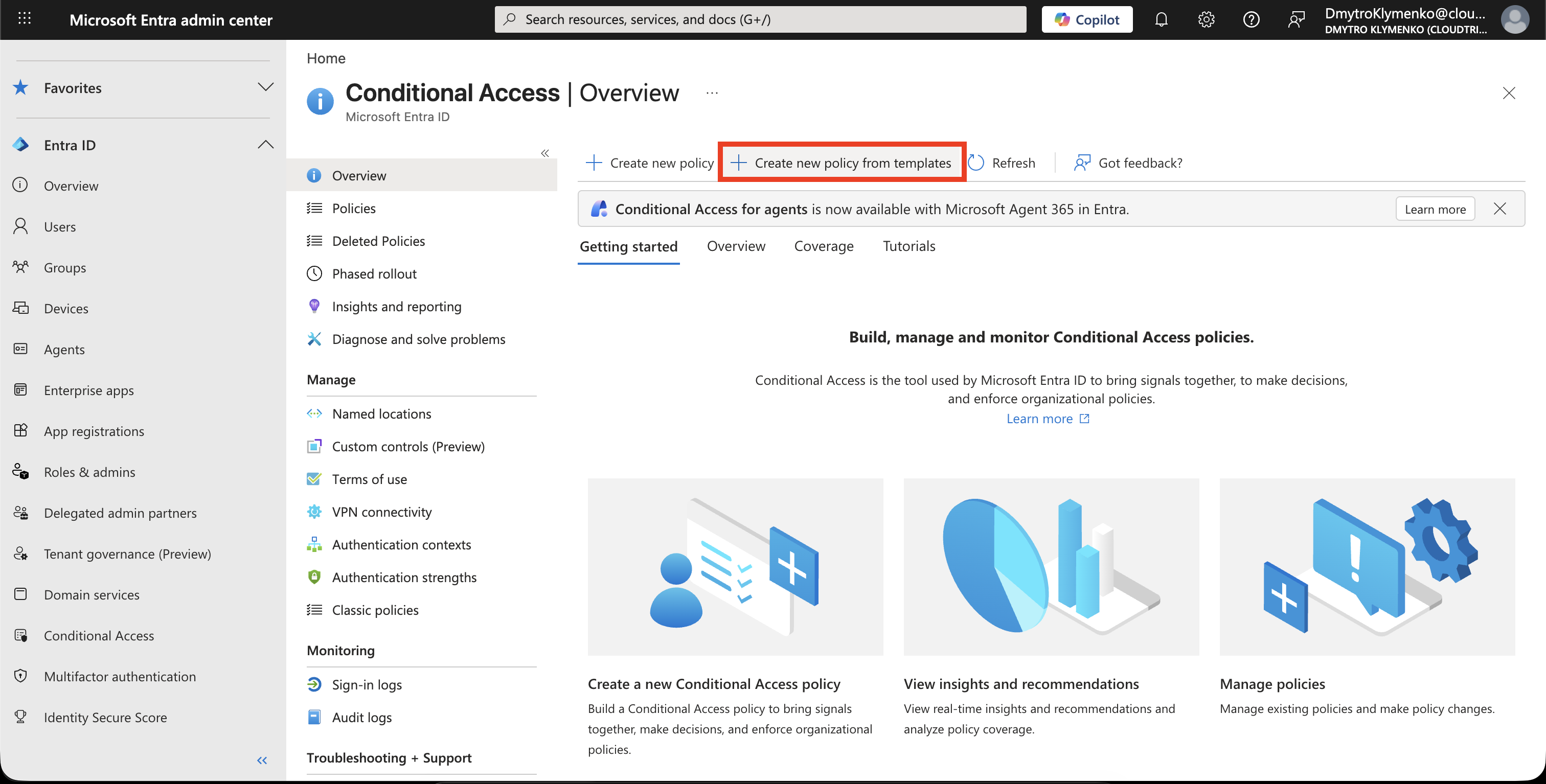 Conditional Access policies page showing the New policy from template option