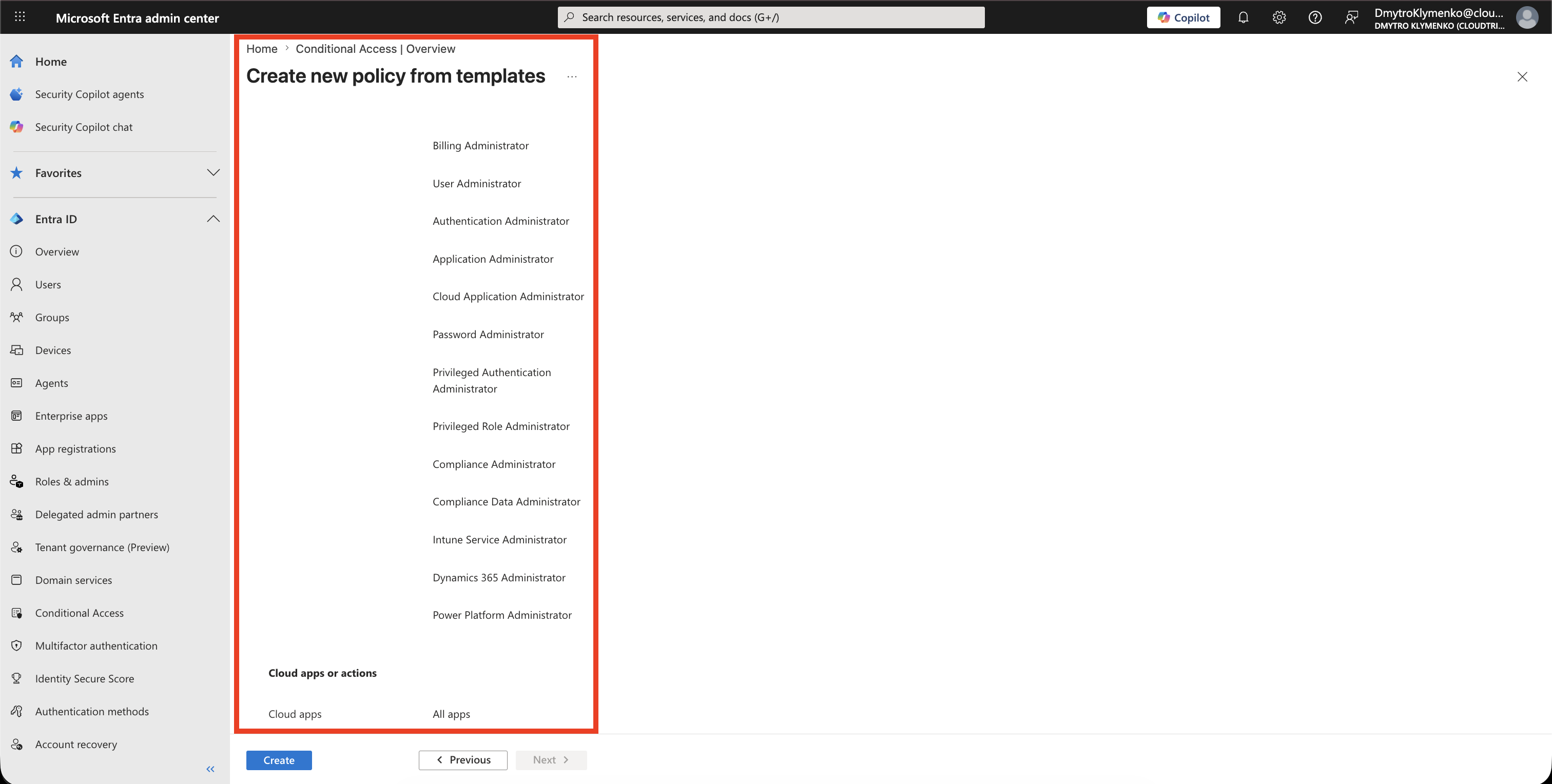 Conditional Access policy created from the phishing-resistant admin template showing users, target resources, and grant controls