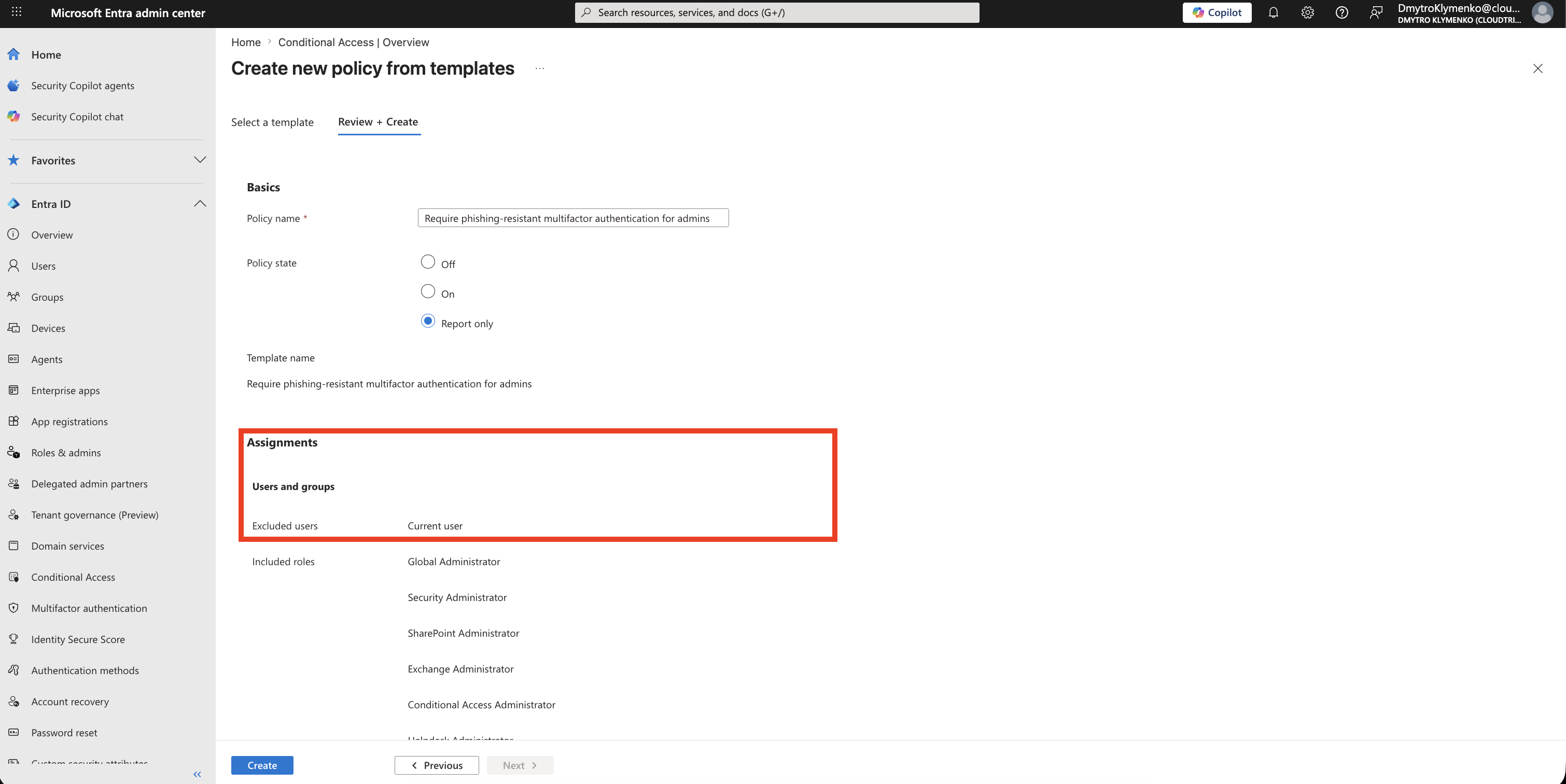 Conditional Access users blade showing emergency access account excluded