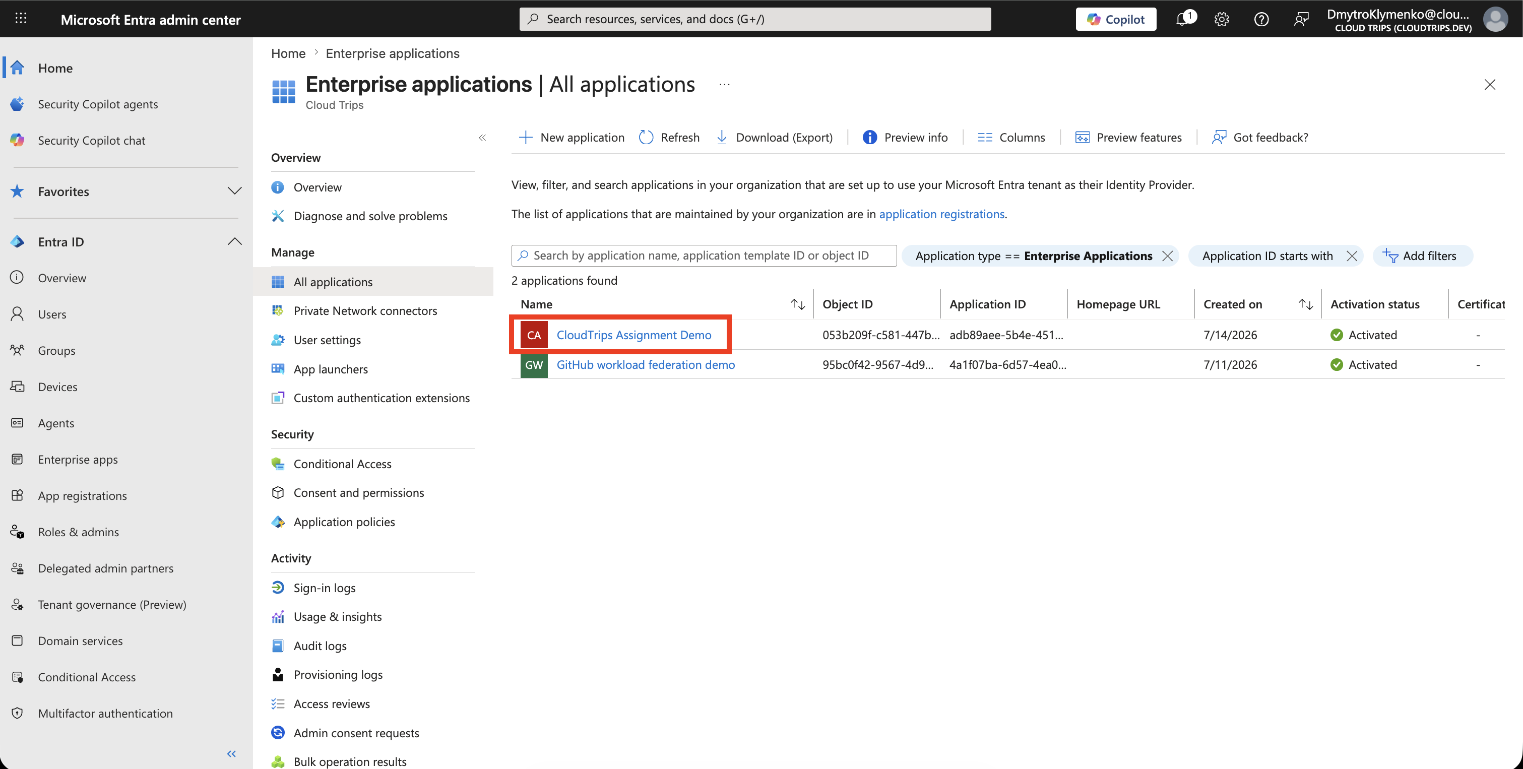 Enterprise applications list with the selected application