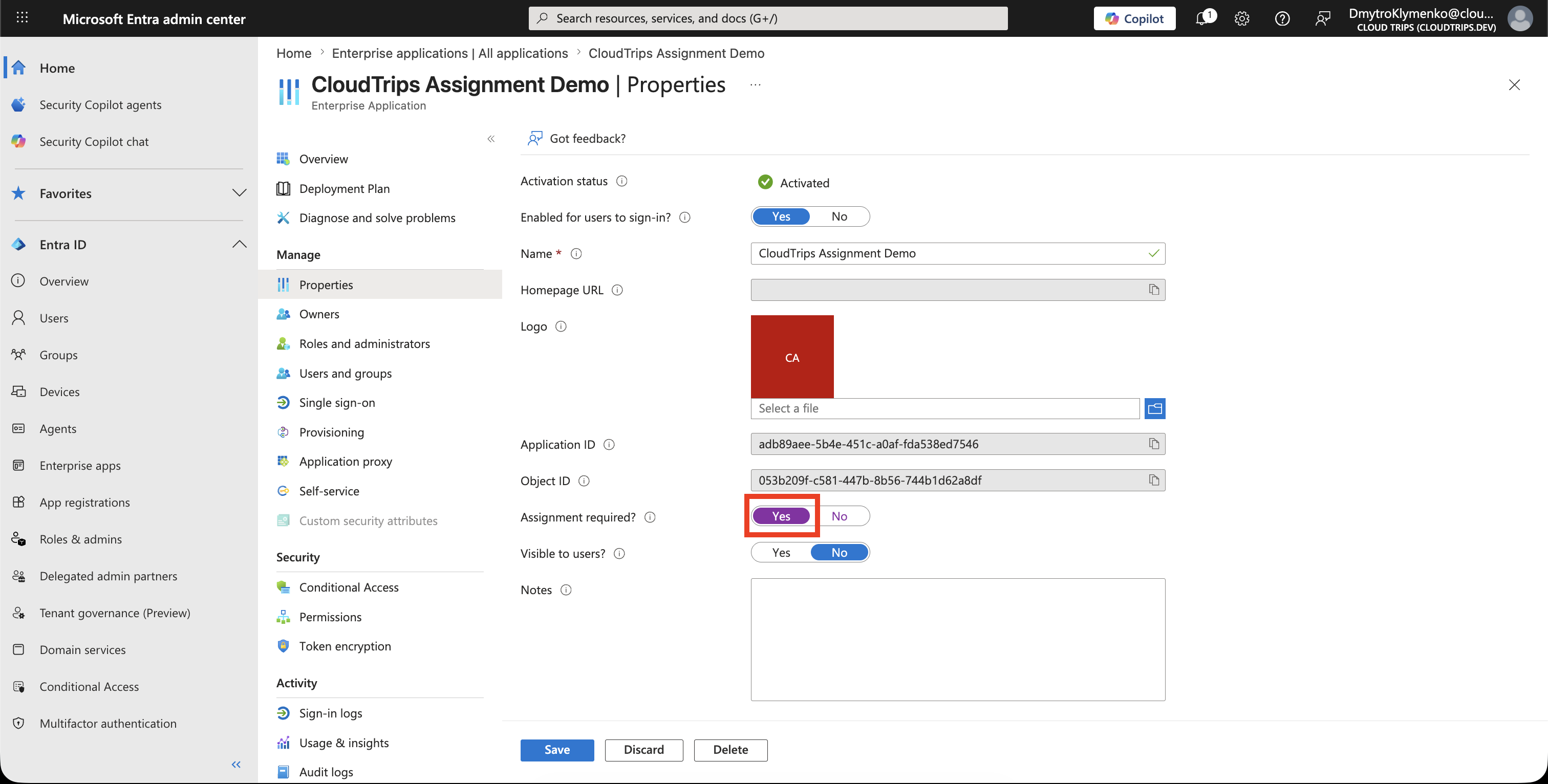 Enterprise application properties with Assignment required set to Yes