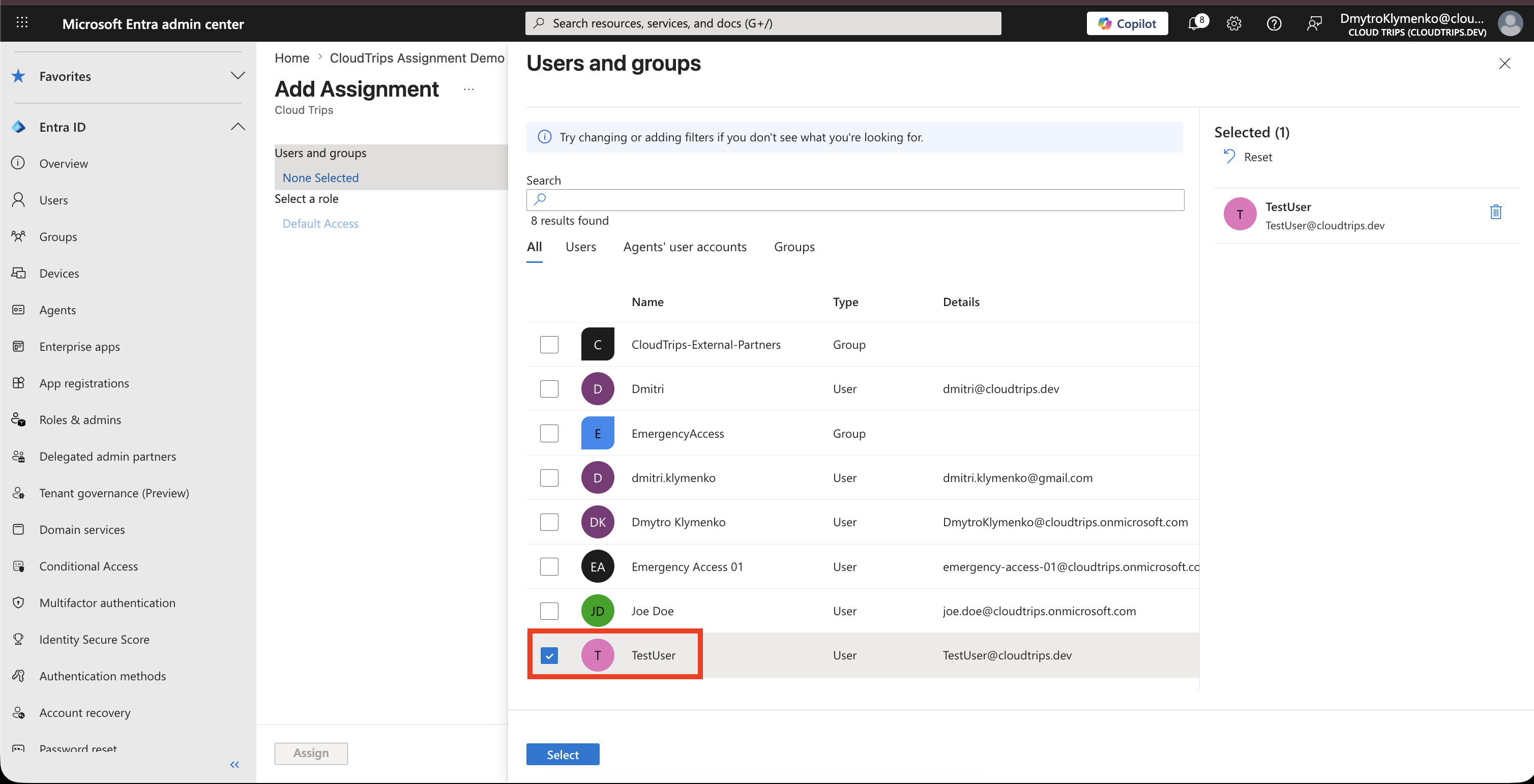 Users and groups page for the enterprise application