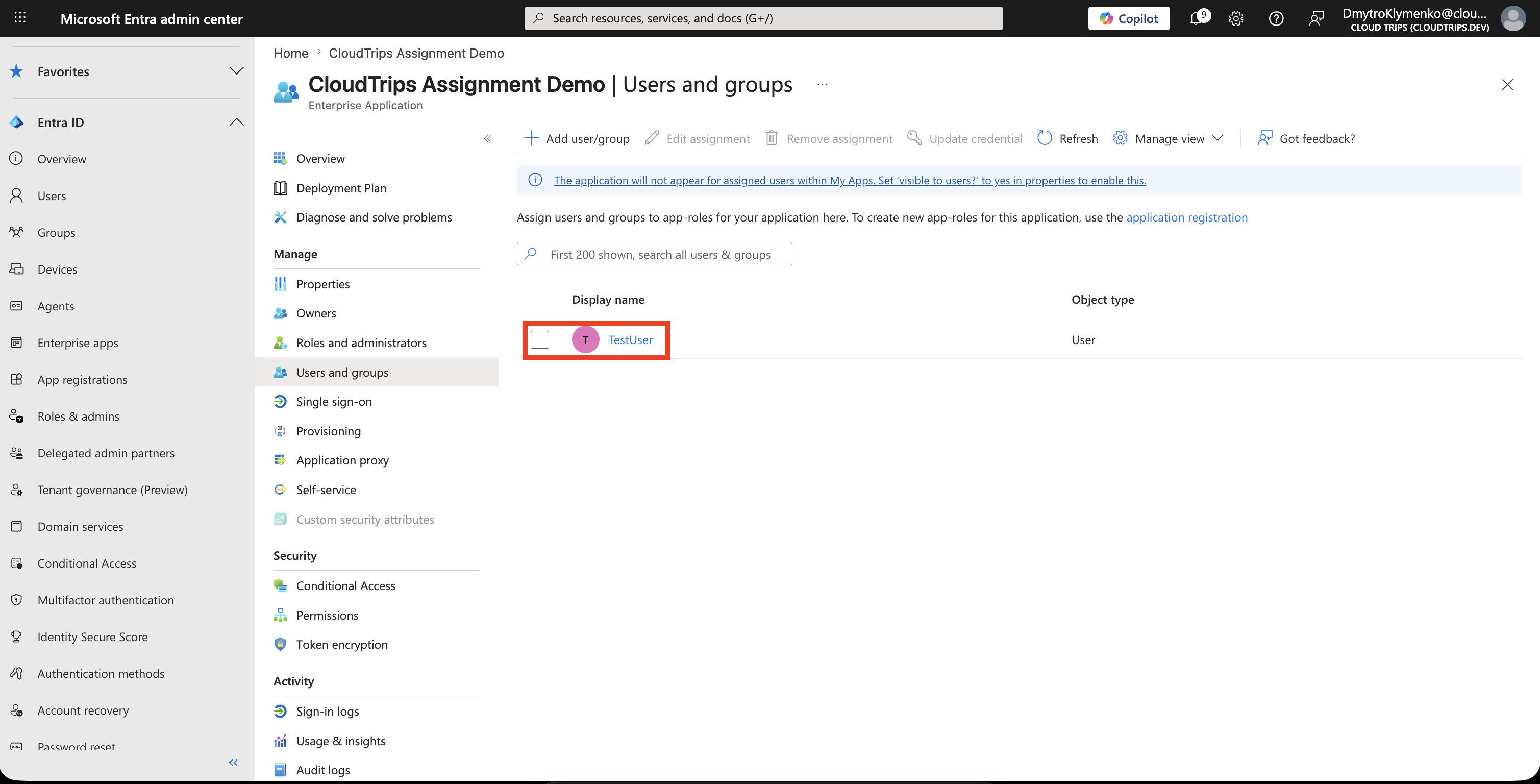 Add assignment page with the test user selected
