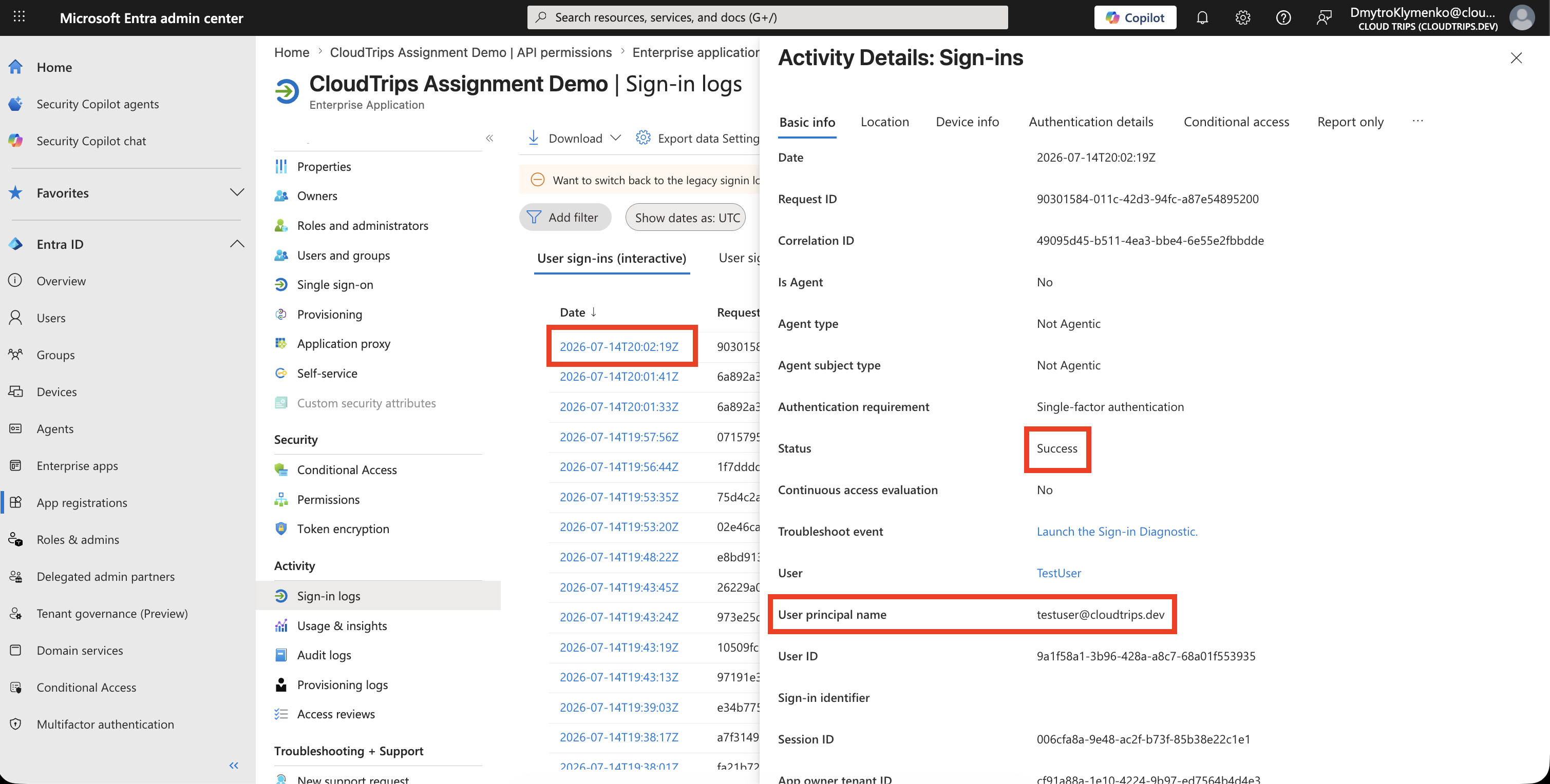 Sign-in logs showing successful access for the assigned user