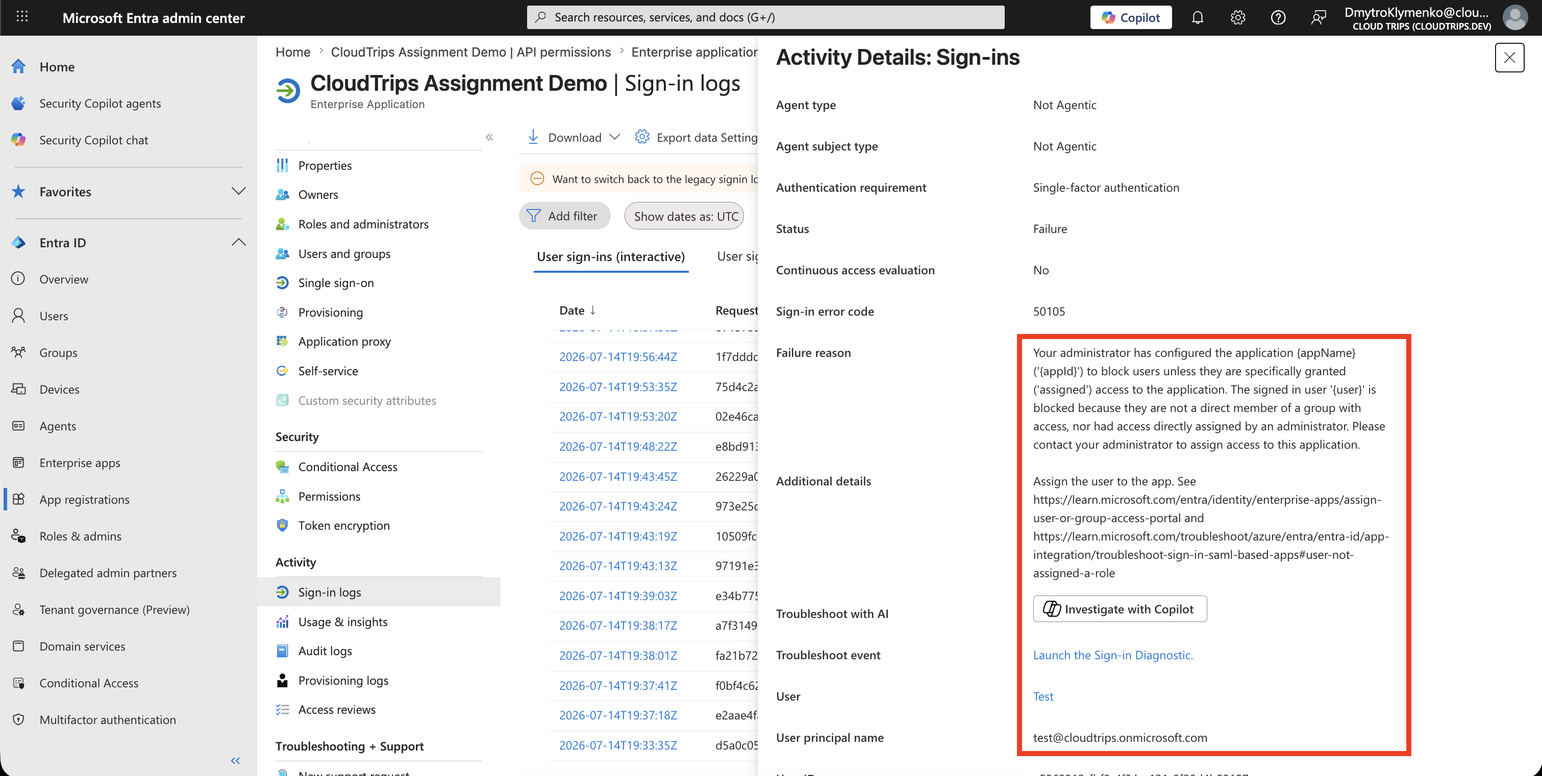 Sign-in logs showing failed access for an unassigned user