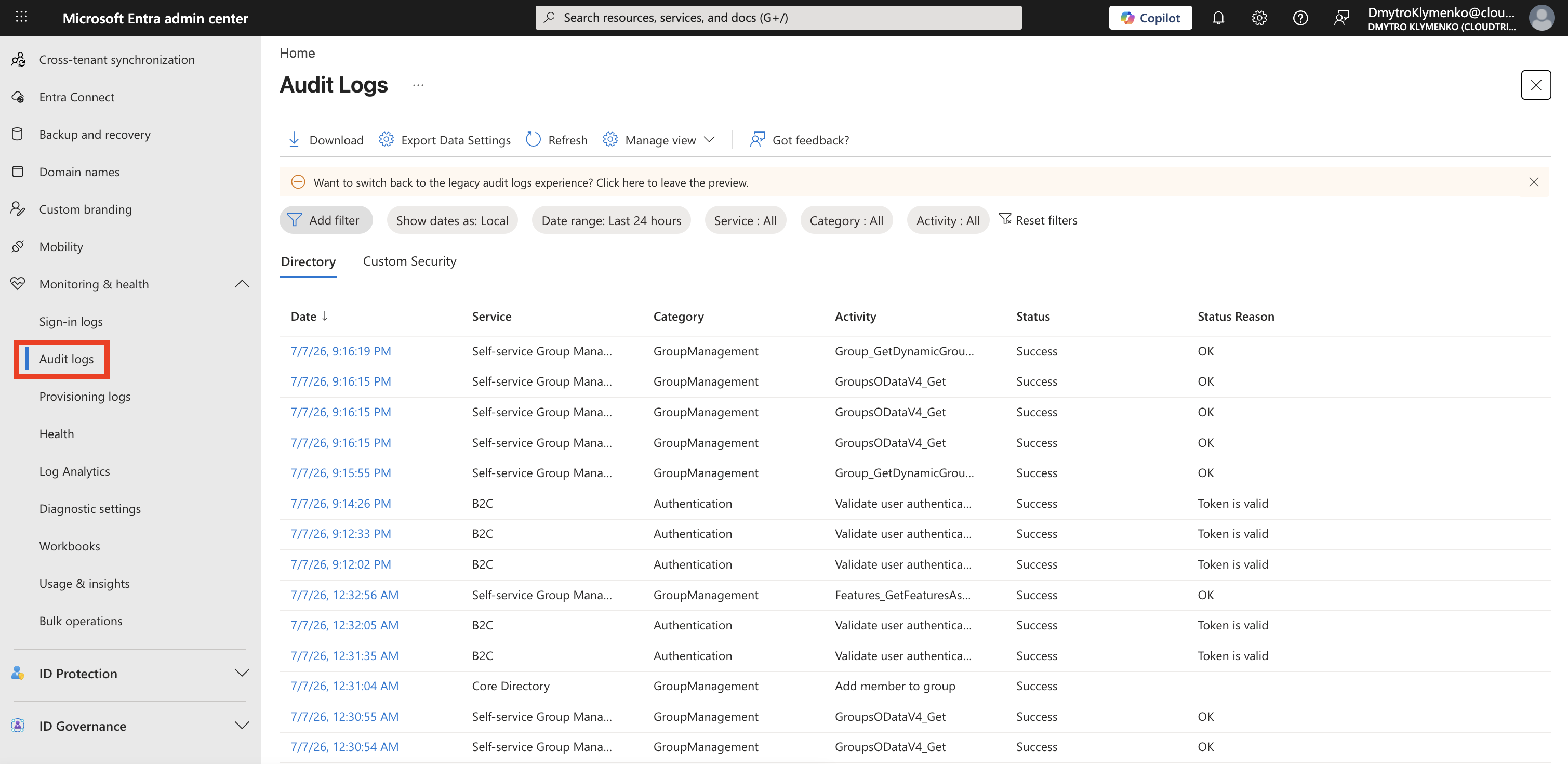 Microsoft Entra Audit Logs Seite mit aktuellen Identity Activities