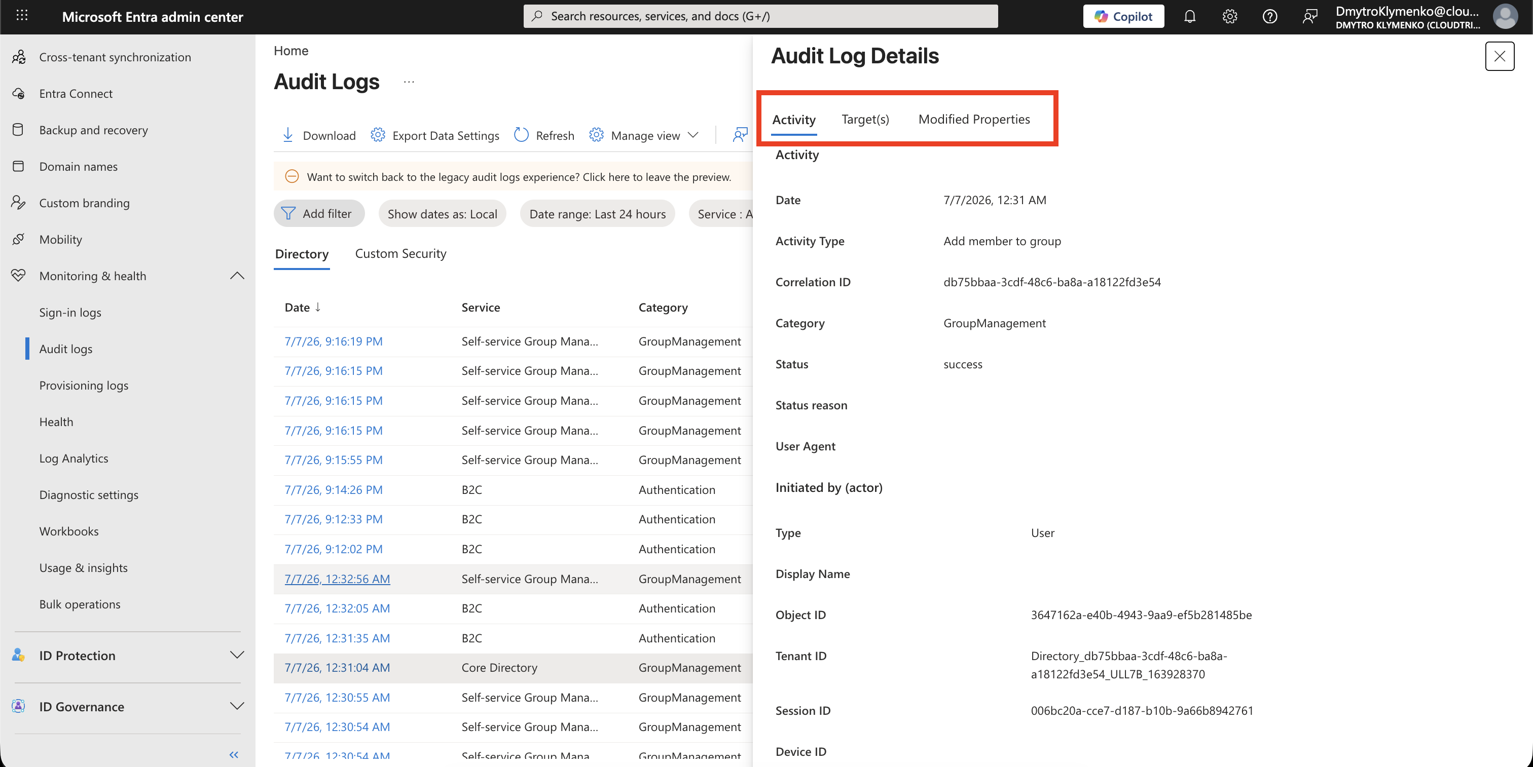 Audit Log Details mit Activity, Target(s) und Modified Properties