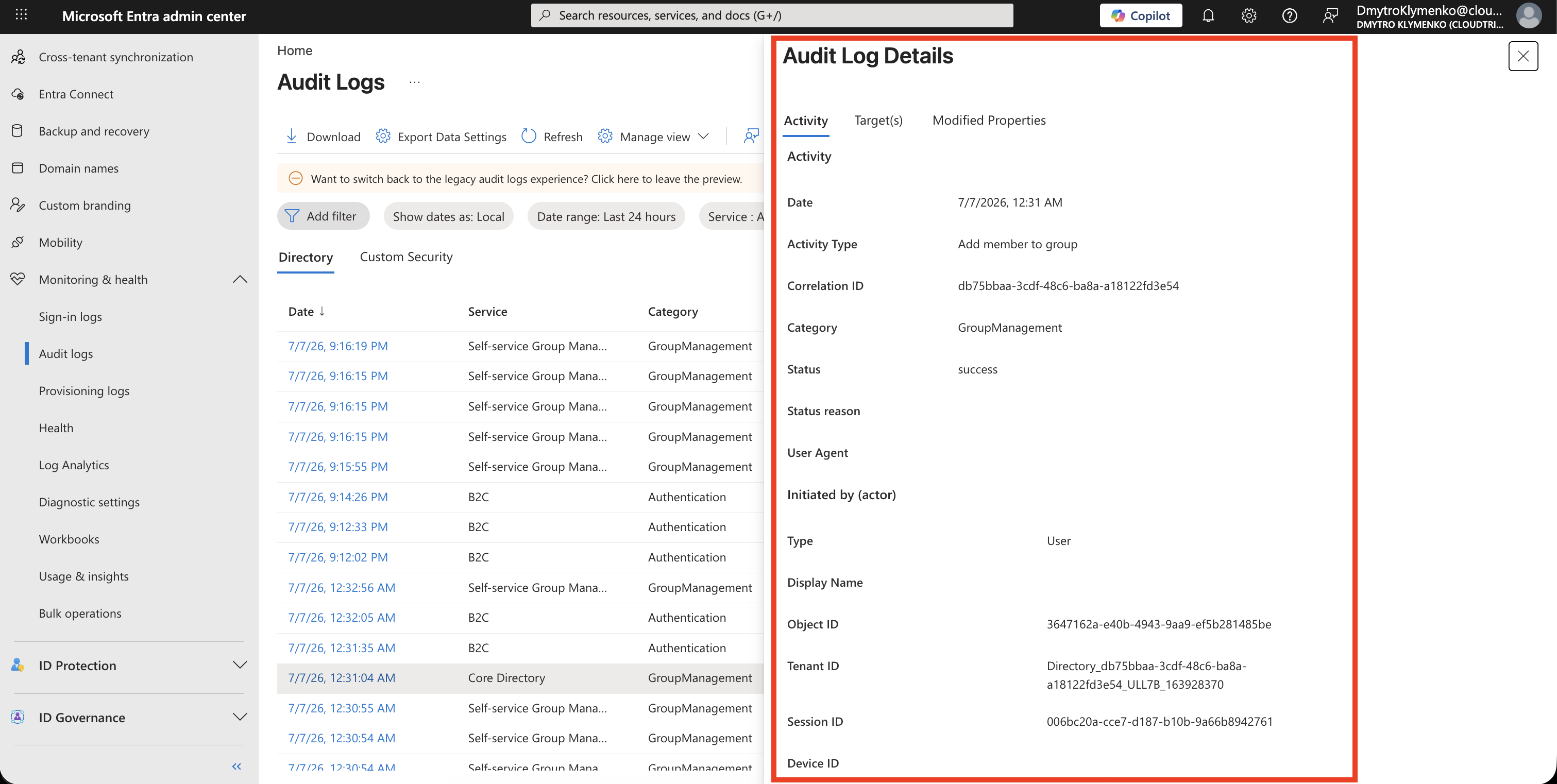 Audit Log Activity Abschnitt mit Activity type, Correlation ID, Category, Status und Initiated by Actor