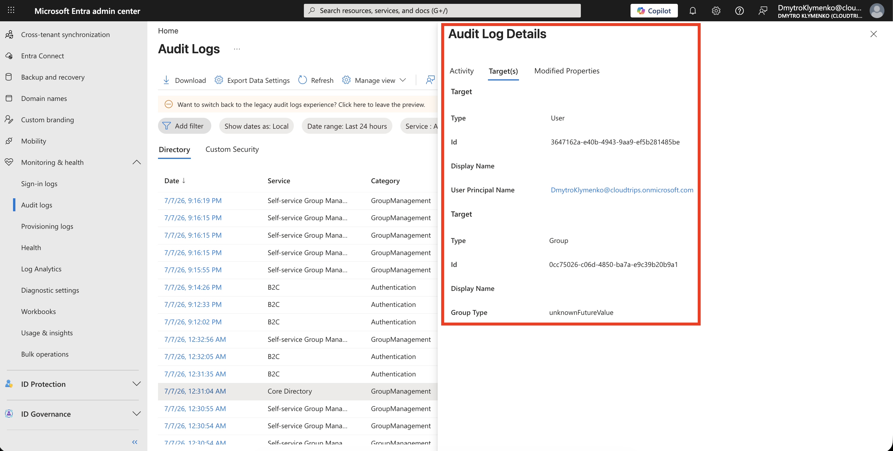 Audit Log Target(s) Abschnitt mit dem geaenderten Identity Objekt