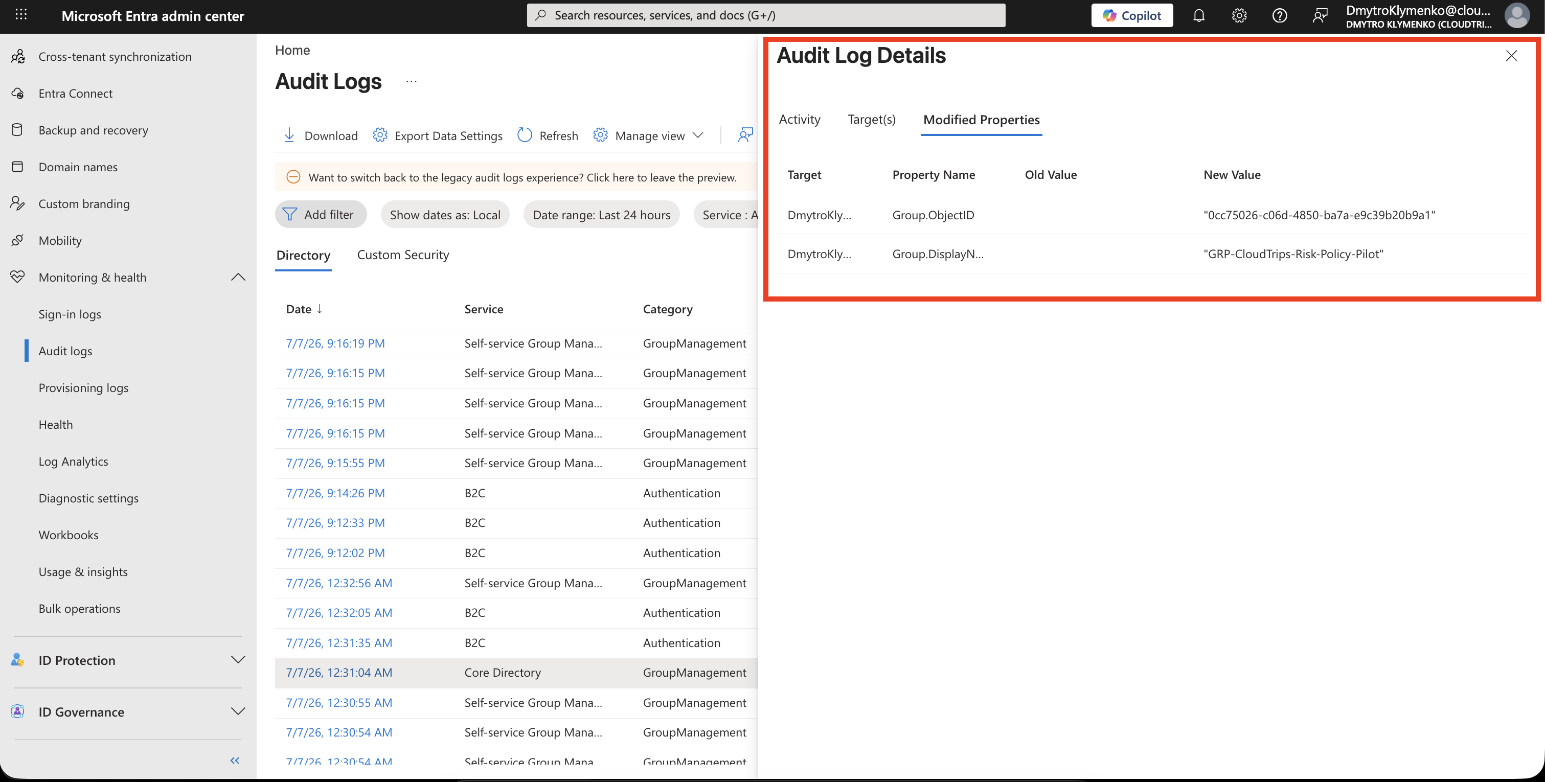 Audit Log Modified Properties mit alten und neuen Werten