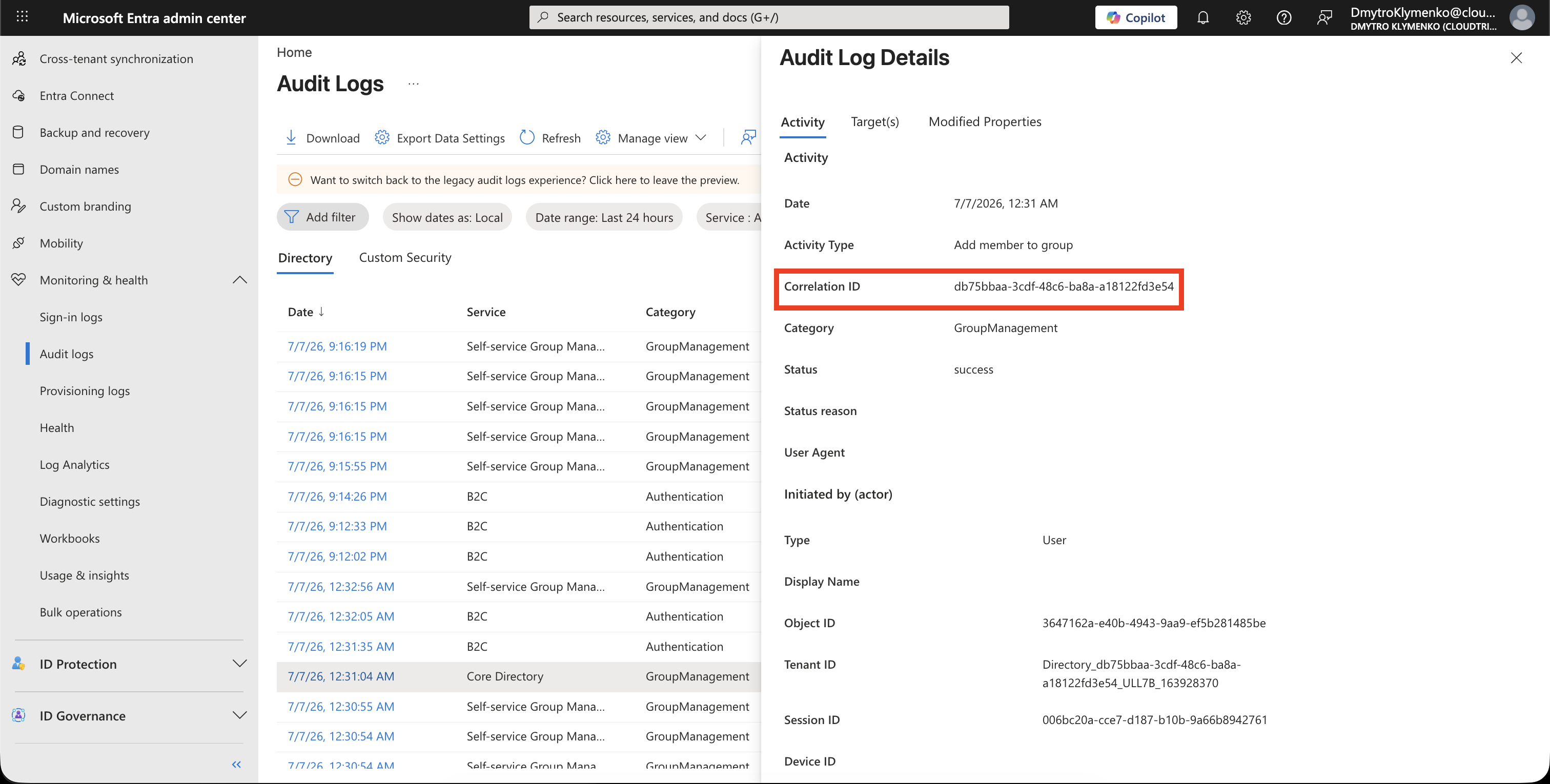 Audit Log Details mit Correlation ID, Date und Initiated by