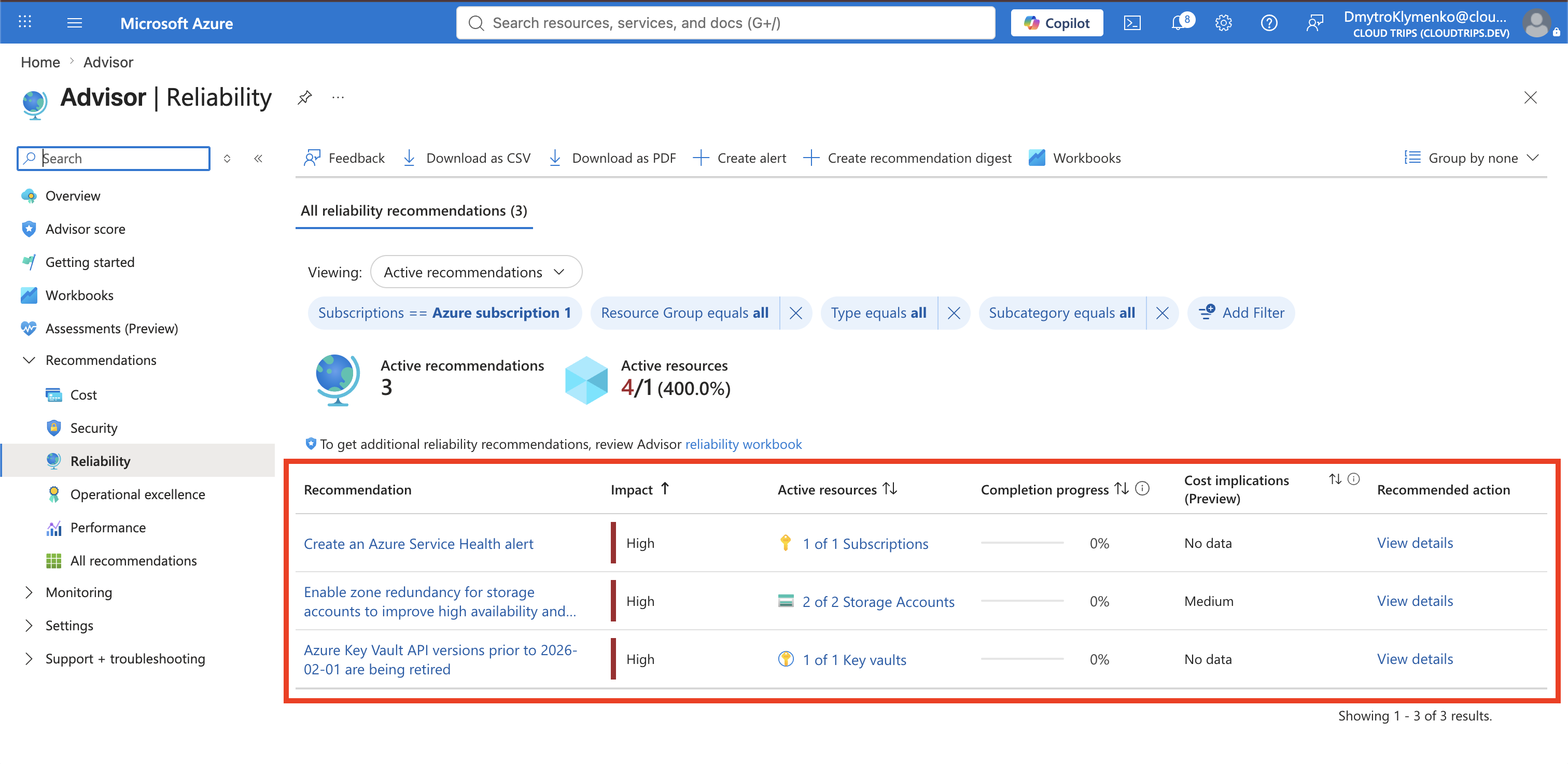 Azure Advisor Reliability page showing three high-impact CloudTrips recommendations