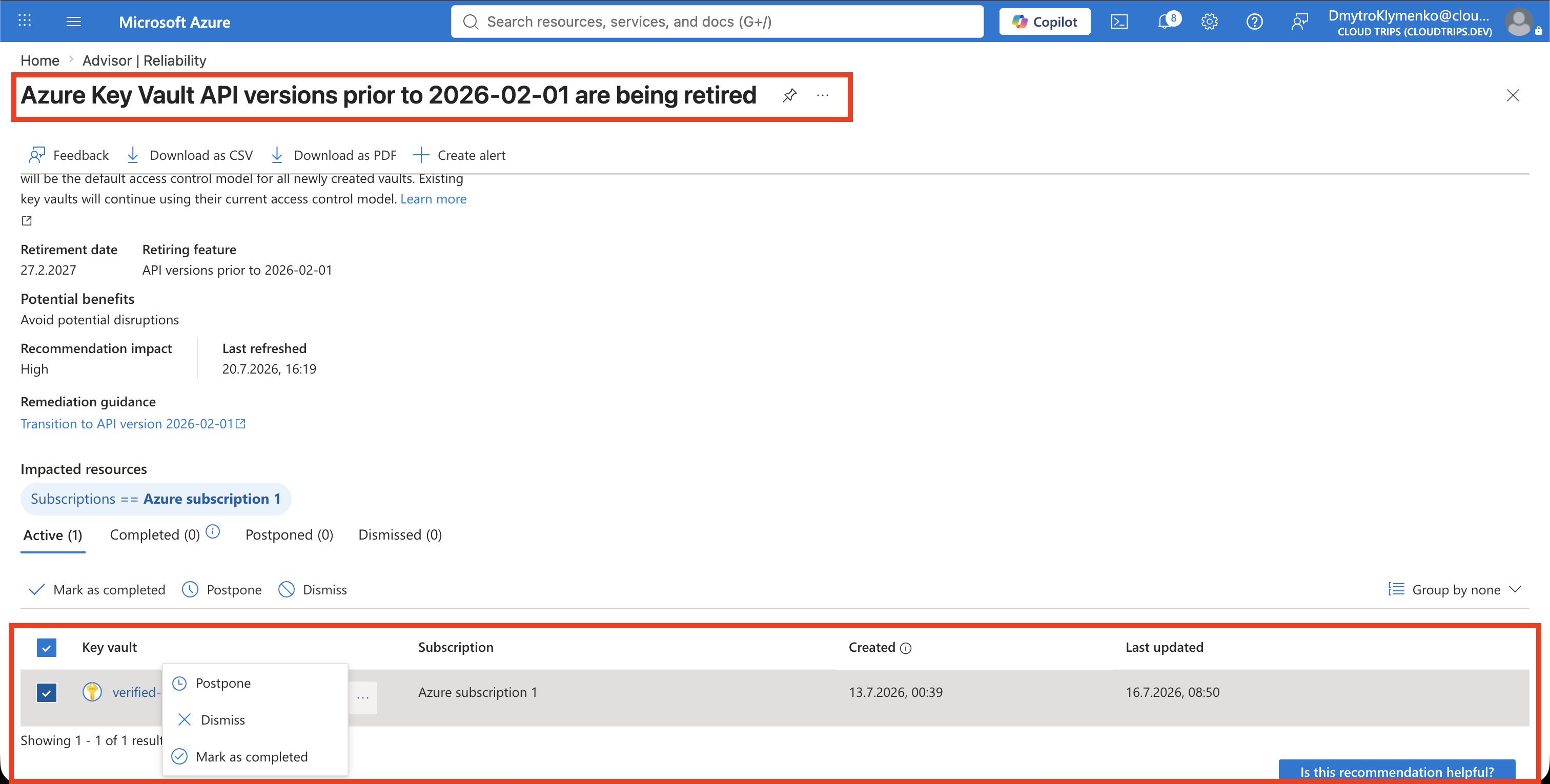 Azure Advisor details for the prioritized CloudTrips reliability recommendation