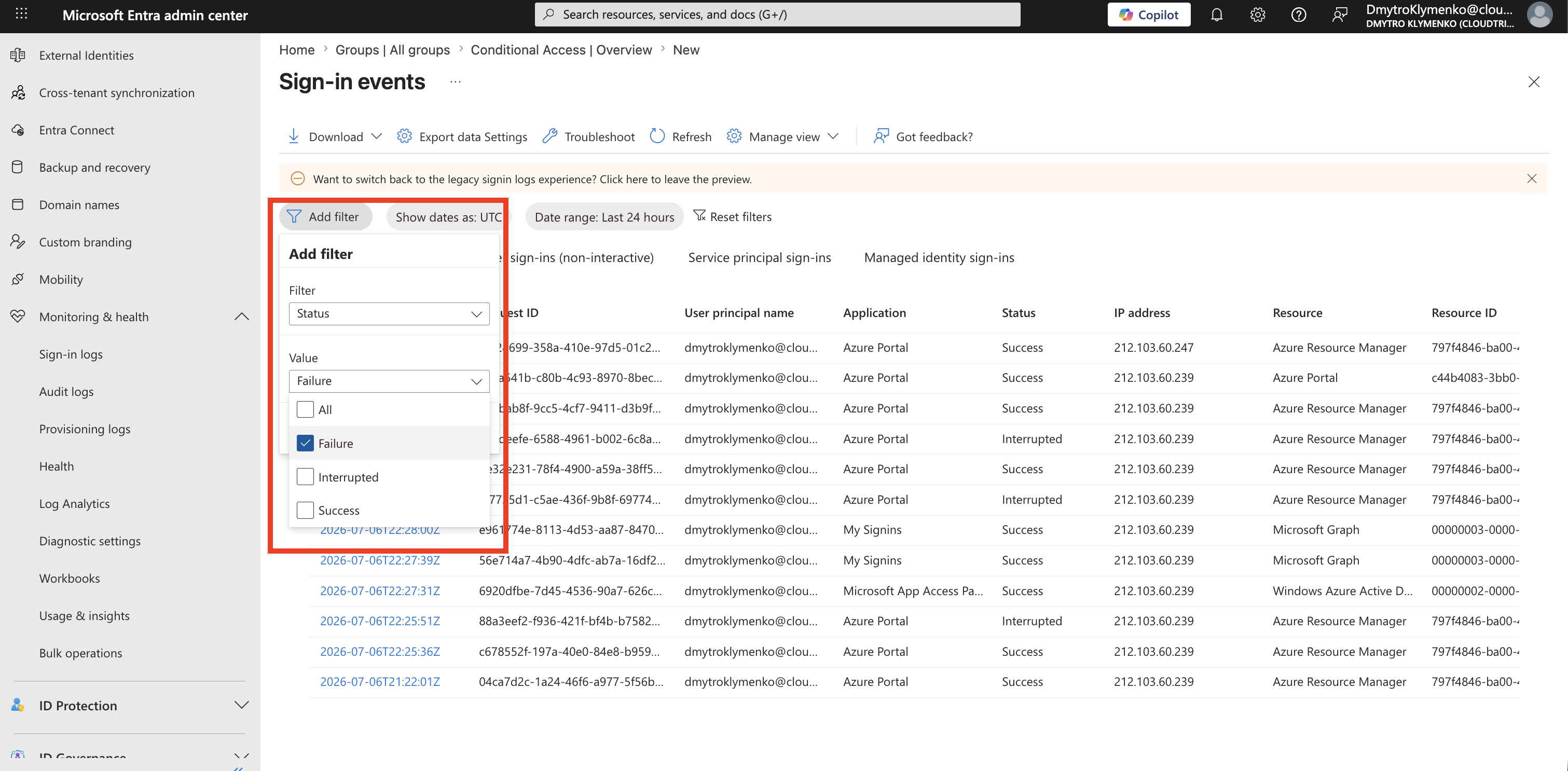 Sign-in logs filtered by user and failure status