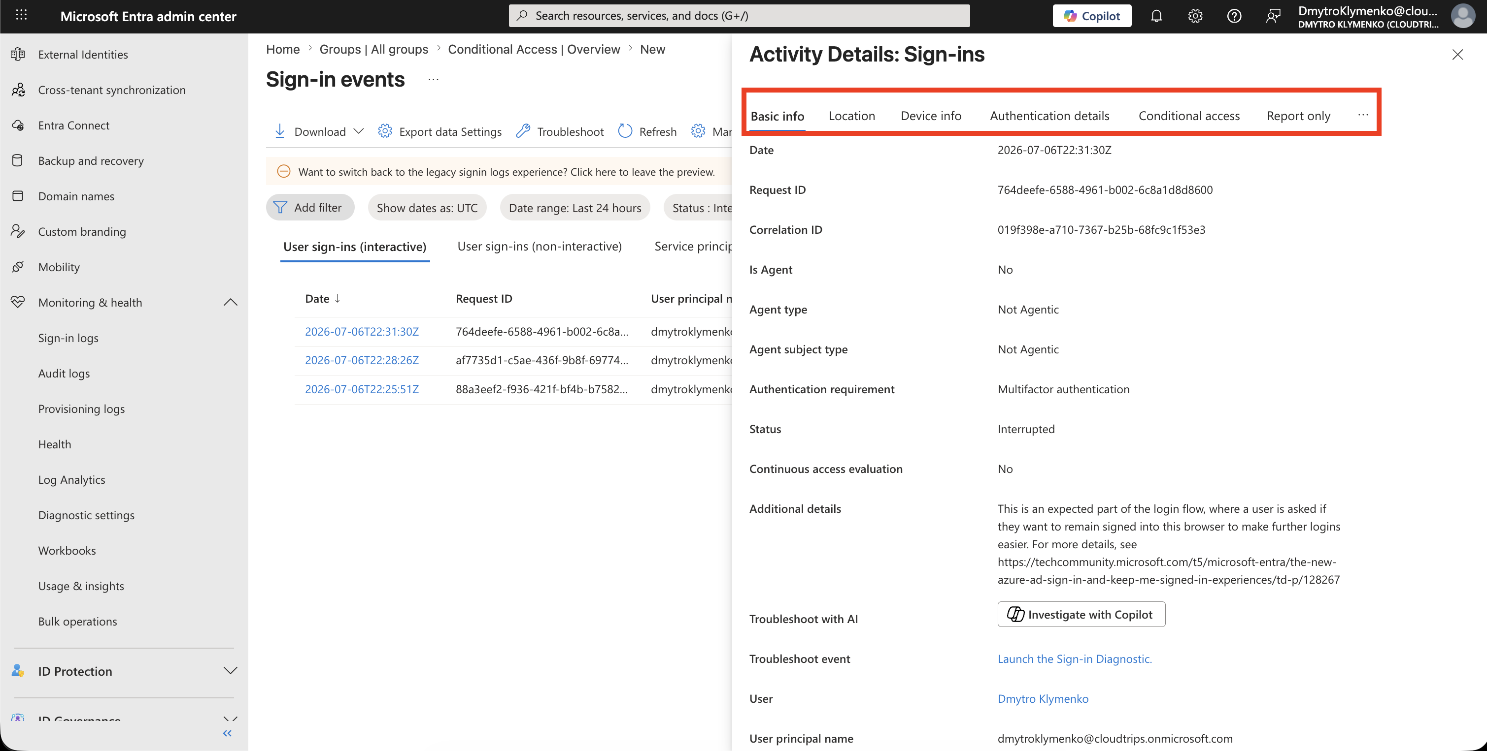 Failed sign-in details showing status, failure reason, error code, app, IP address, and location
