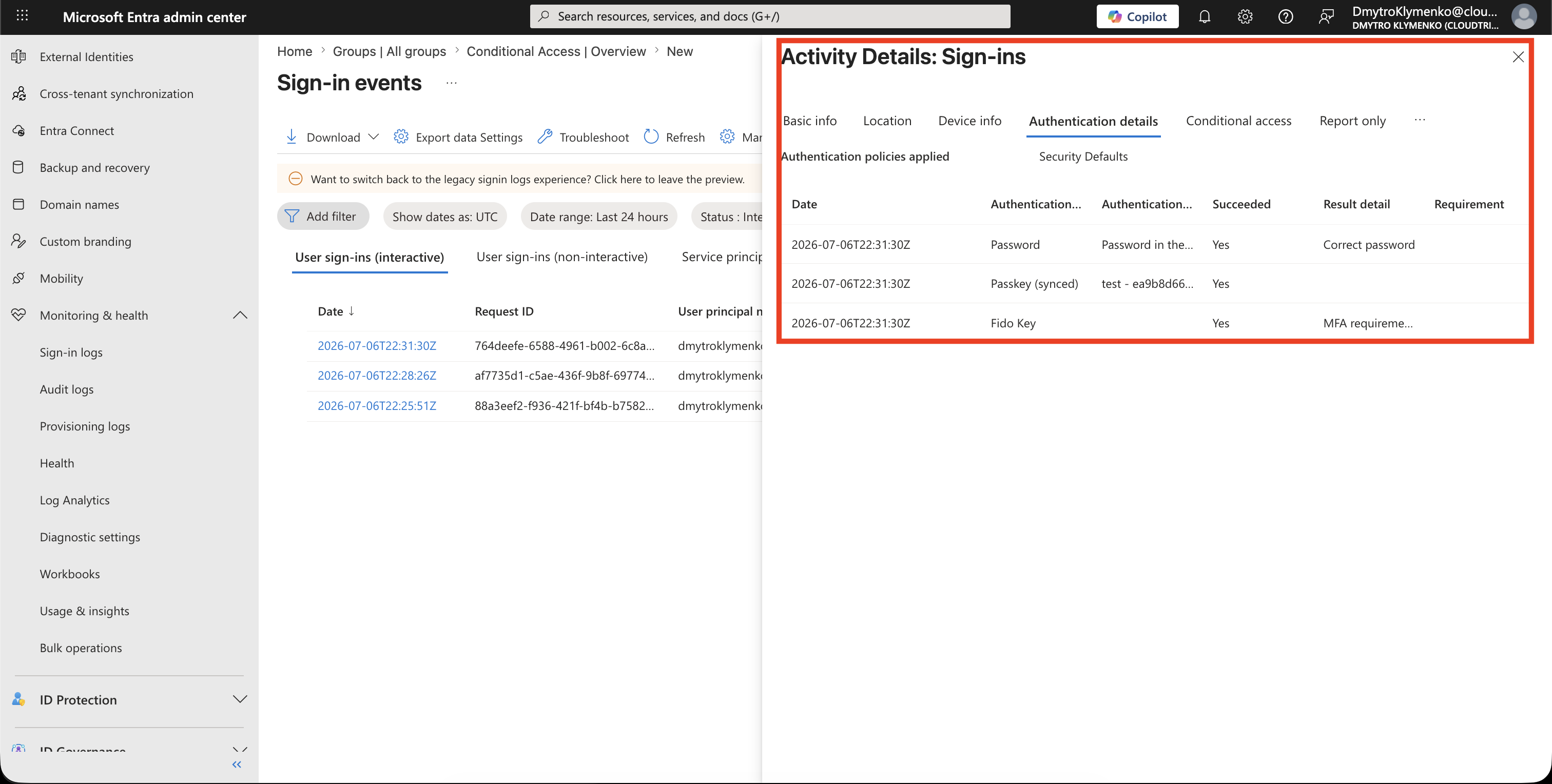Authentication details showing method and MFA result for the sign-in