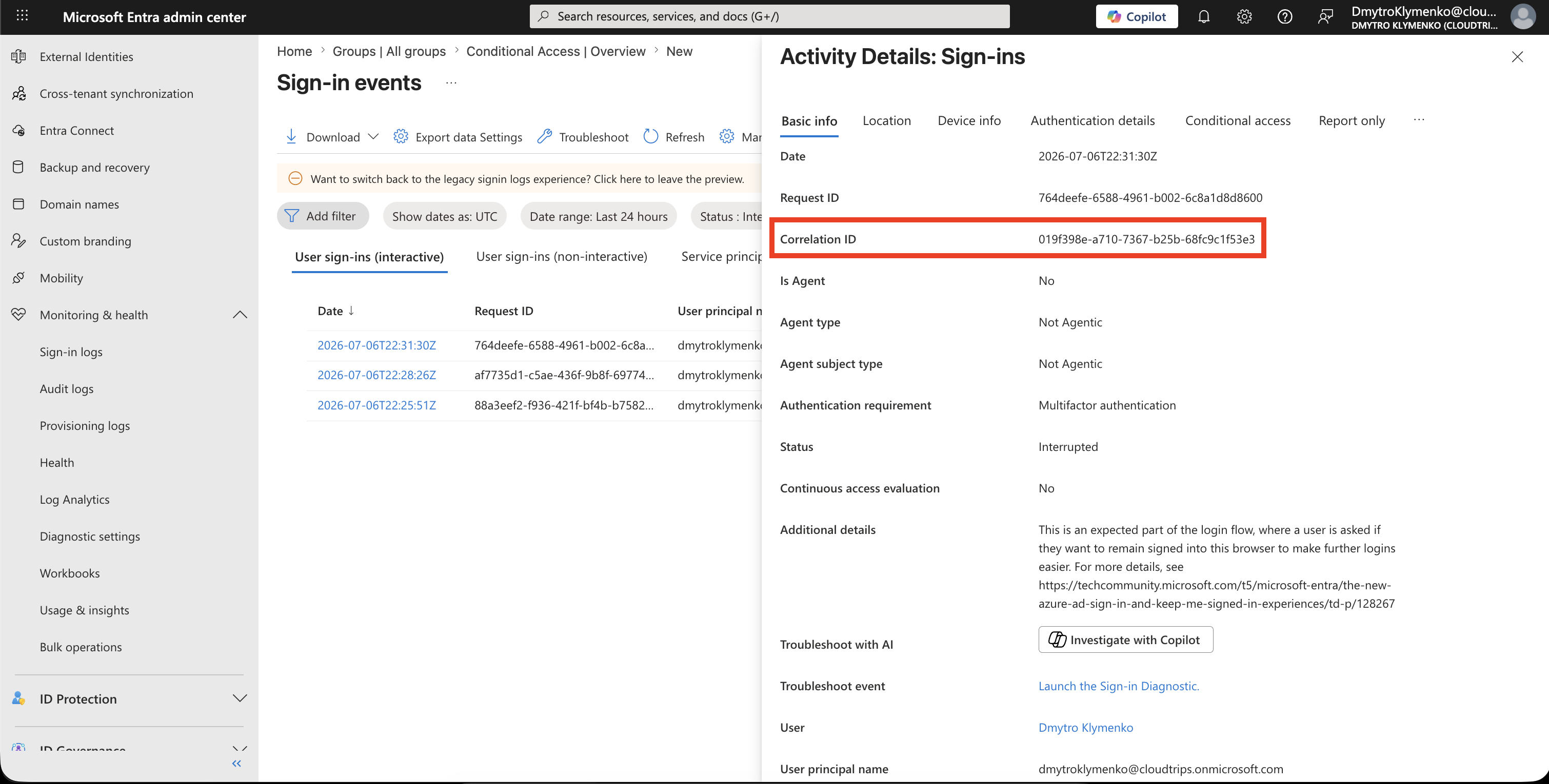 Sign-in details showing correlation ID, request ID, timestamp, and error code