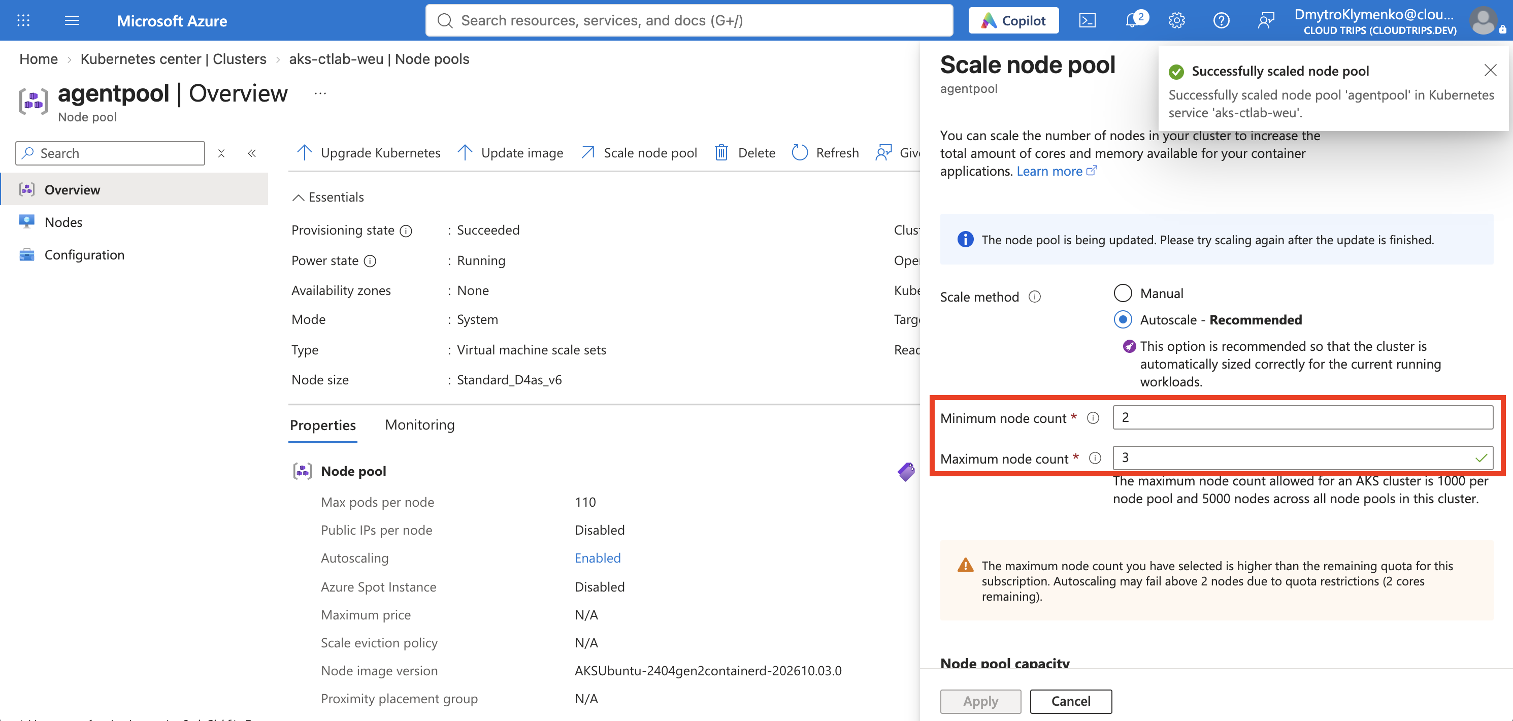 AKS-Autoscaling für agentpool mit mindestens zwei und höchstens drei Nodes.