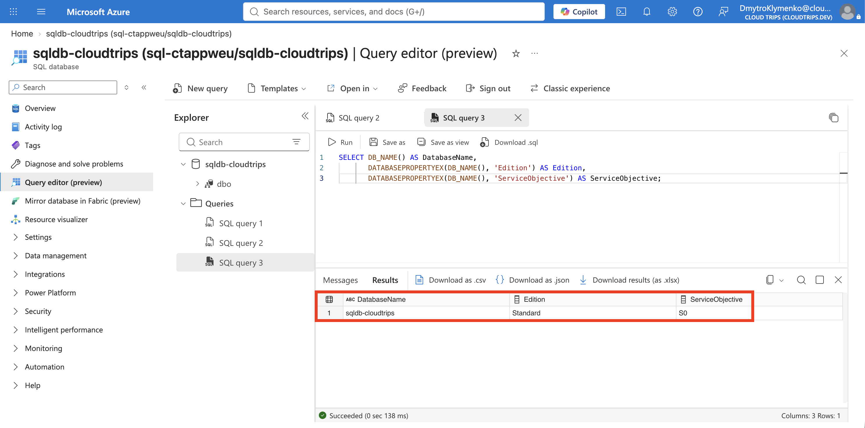 Abfrageergebnis mit sqldb-cloudtrips, Edition Standard und ServiceObjective S0