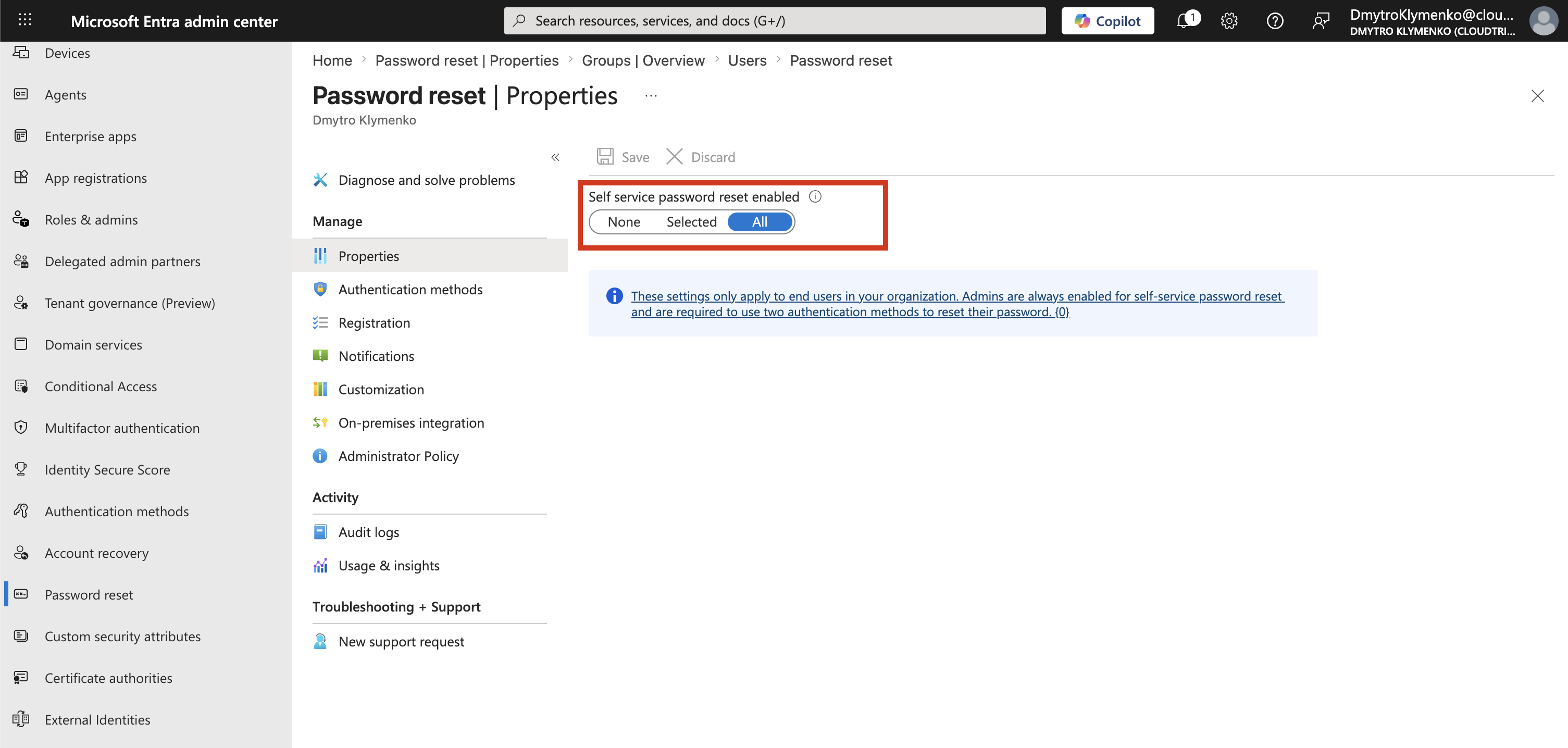 Microsoft Entra Password reset Properties-Seite mit Self service password reset enabled-Optionen None, Selected und All